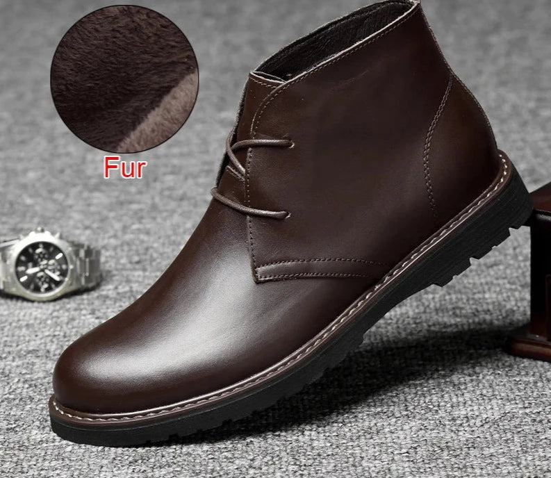 **Men's Genuine Leather Fur-Lined Ankle Boots - Warm Winter & Autumn Comfort, Soft Handmade Business Casual Shoes - Plus Size 48 - Ideal for Office, Travel & Outdoor Activities**