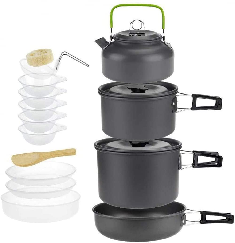 XD Designs 4-5 Person Aluminum Camping Cookware Set - Lightweight Portable Pots, Pans & Kettle for Outdoor Cooking, Picnics, Hiking & Backpacking Trips - Complete Camping Kitchen Kit with Non-Stick Surface