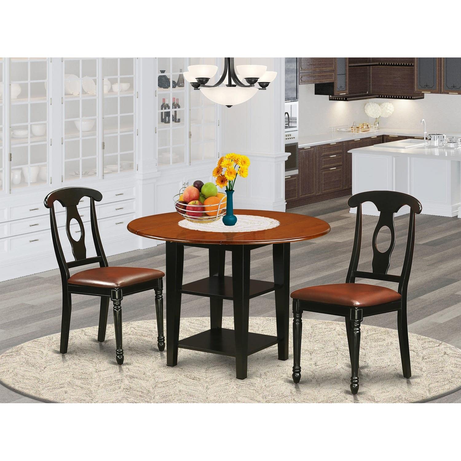 East West Furniture SUKE3-BCH-LC 3-Piece Round Dining Table Set with Drop Leaf & Storage Shelves + 2 Faux Leather Chairs, 42x42 Inch, Black Cherry - Perfect for Small Spaces, Breakfast Nooks & Compact Apartments