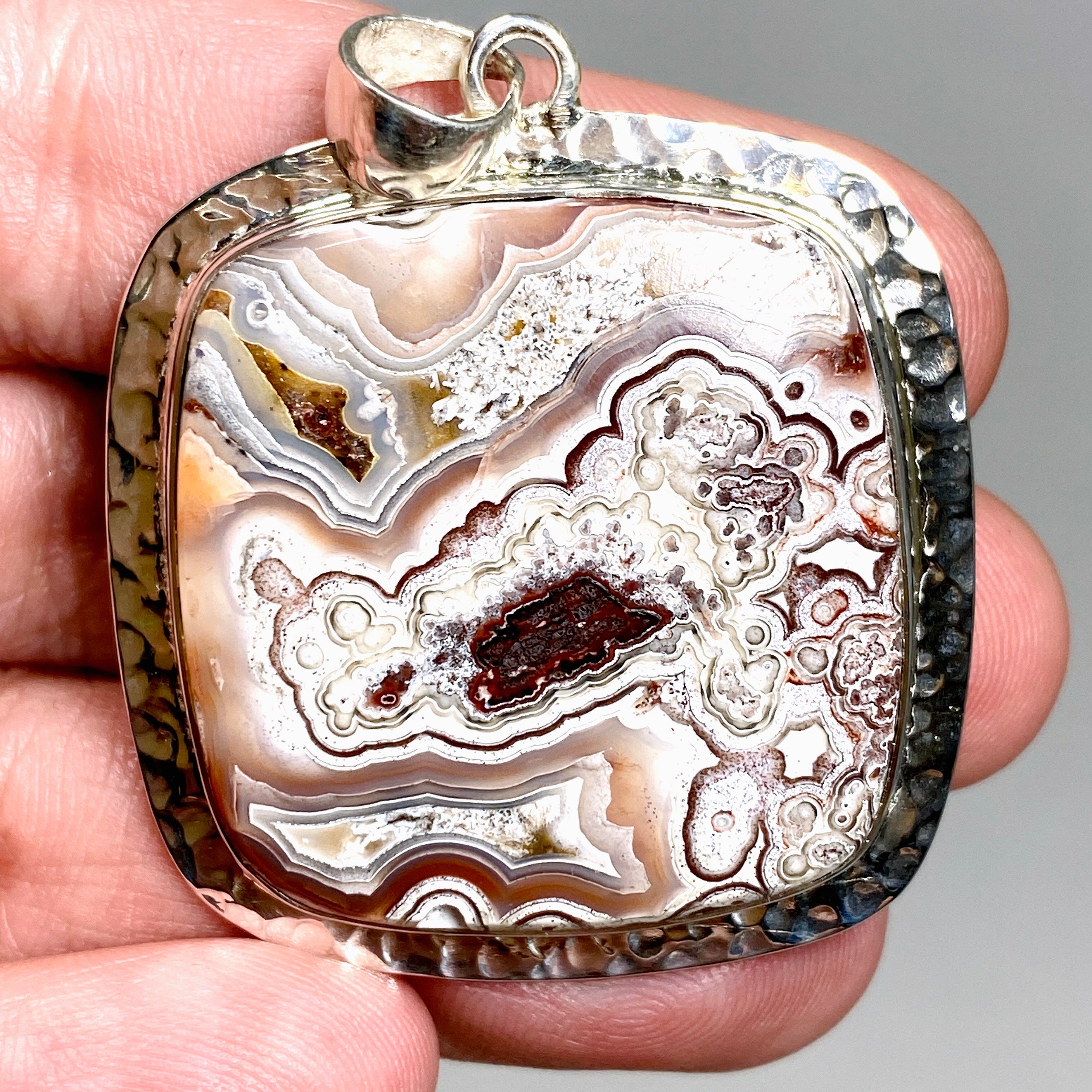 Mexican Crazy Lace Agate Square Pendant - Handcrafted Hammered Silver Jewelry KPGJ4575 | Perfect for Boho Chic Outfits & Spiritual Healing