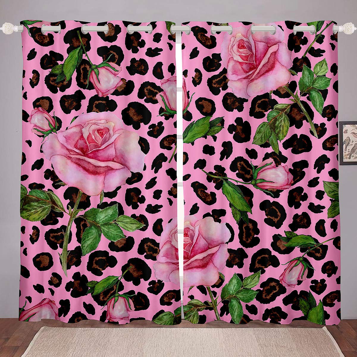 Leopard Print Curtains with Pink Roses & Green Leaves - Blackout Grommet Window Panels for Bedroom, Living Room & Kitchen (2 Panels, 104