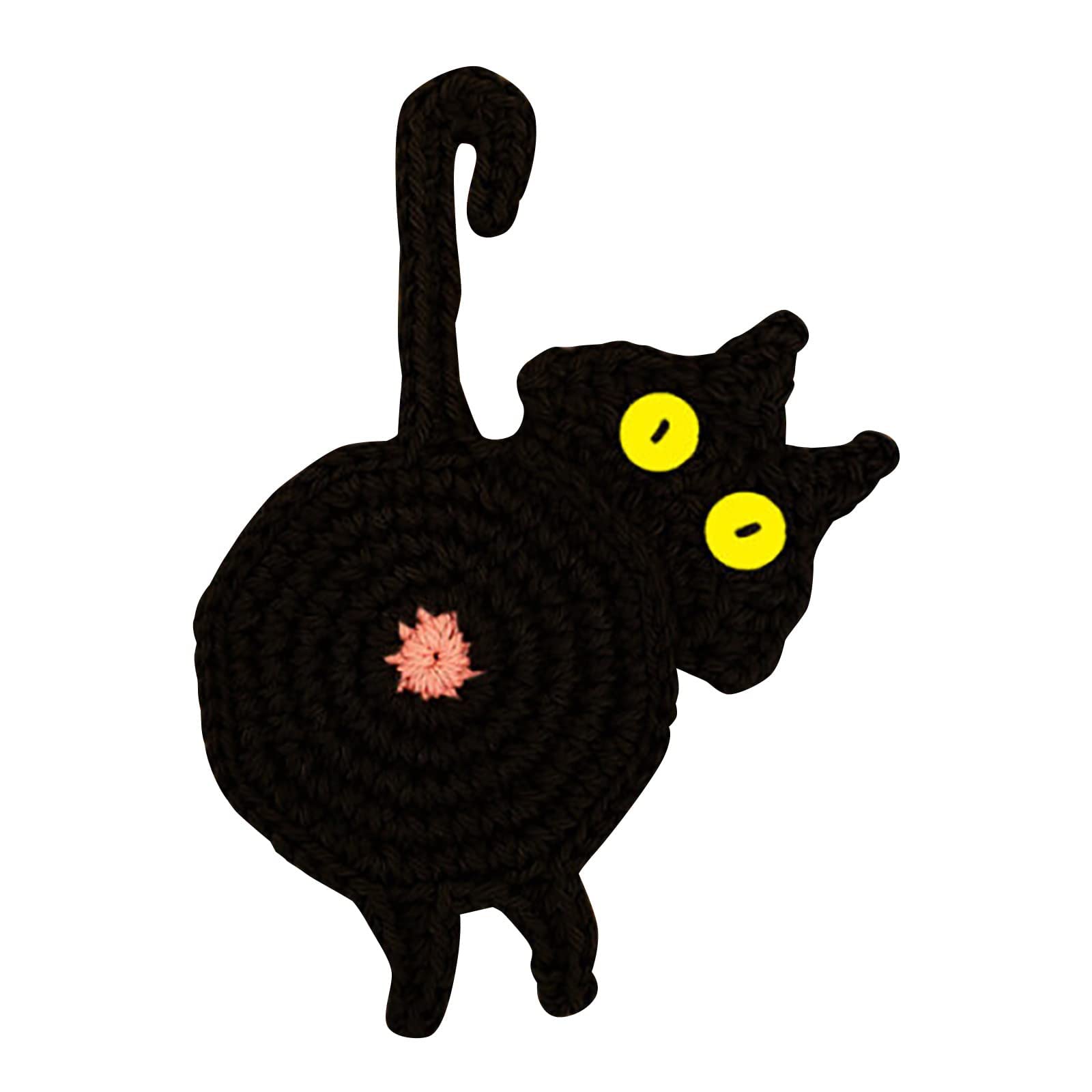 Funny Cat Butt Drink Coaster - Handmade Crochet Absorbent Mat for Coffee Cups & Glasses | Cute Cat Lover Gift for Home & Office Decor (Black) - Perfect for Parties, Gifts & Cat-Themed Decorations