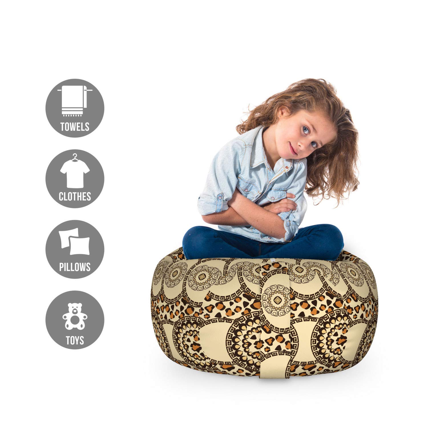Ambesonne Zambia Storage Toy Bag Chair - Folk Savannah Jungle Boho Design with Nature & Animal Print, Washable Stuffed Animal Organizer, Small Size in Dark Brown Cream Orange - Perfect for Kids' Room, Nursery, Playroom & Home Decor