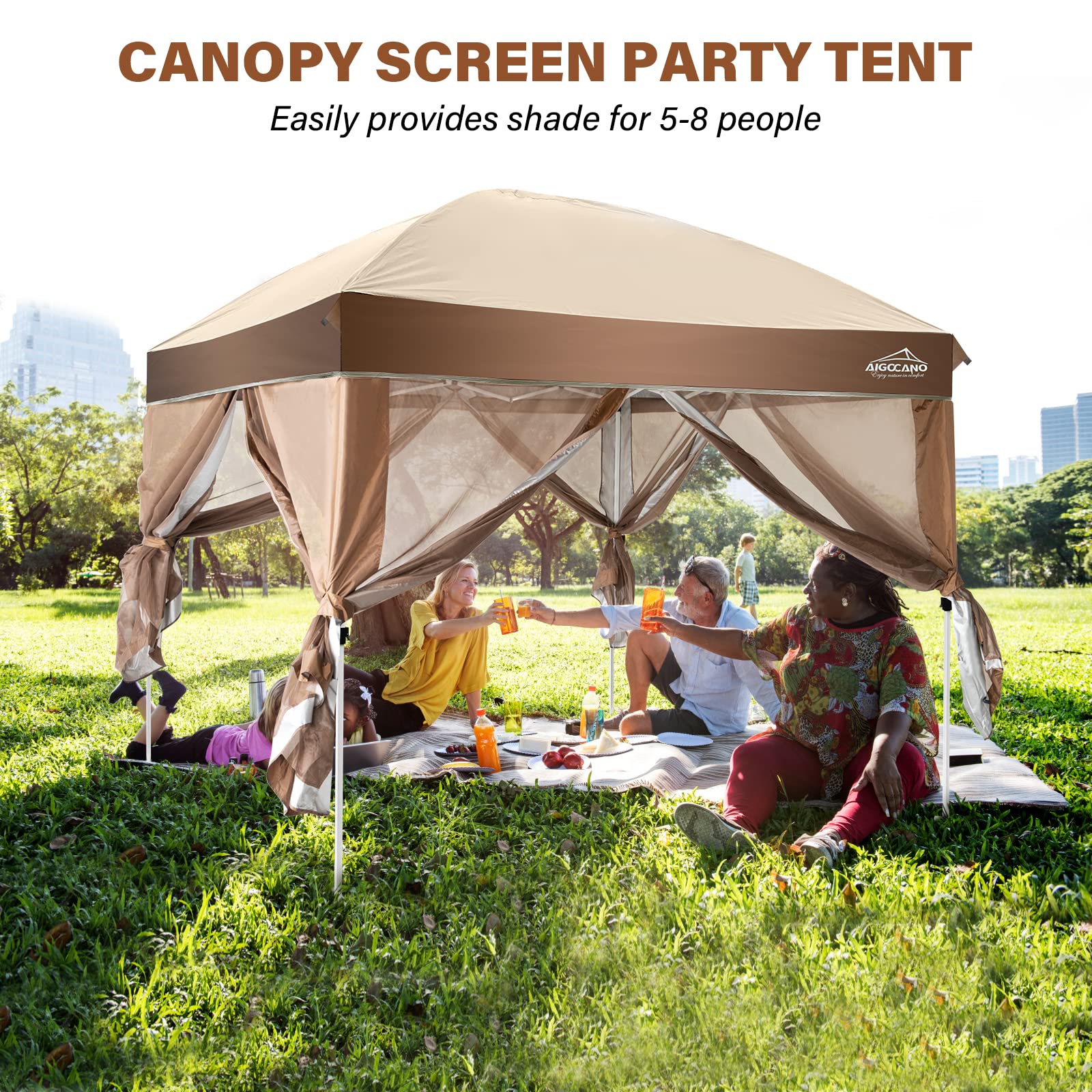10x10 Pop Up Canopy Tent with Netting Screen - Portable Outdoor Gazebo for Camping, Backyard Parties, Patio Shade - Includes Foldable Frame, Roller Bag & 4 Sandbags (Brown) | Perfect for Beach Picnics, Tailgating & Farmers Markets