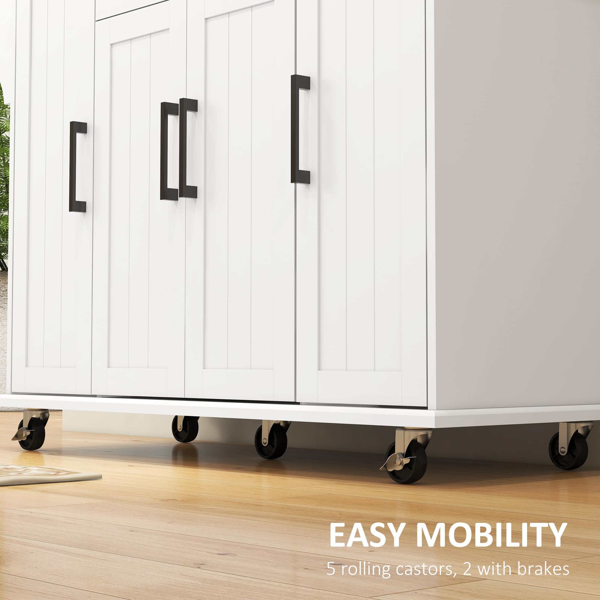 HOMCOM White Kitchen Island Cart on Wheels with Rubberwood Top - Rolling Kitchen Storage Cabinet with Drawer, Spice Rack, Towel Rack & Adjustable Shelves - Perfect for Small Kitchens, Apartments & Food Prep Stations