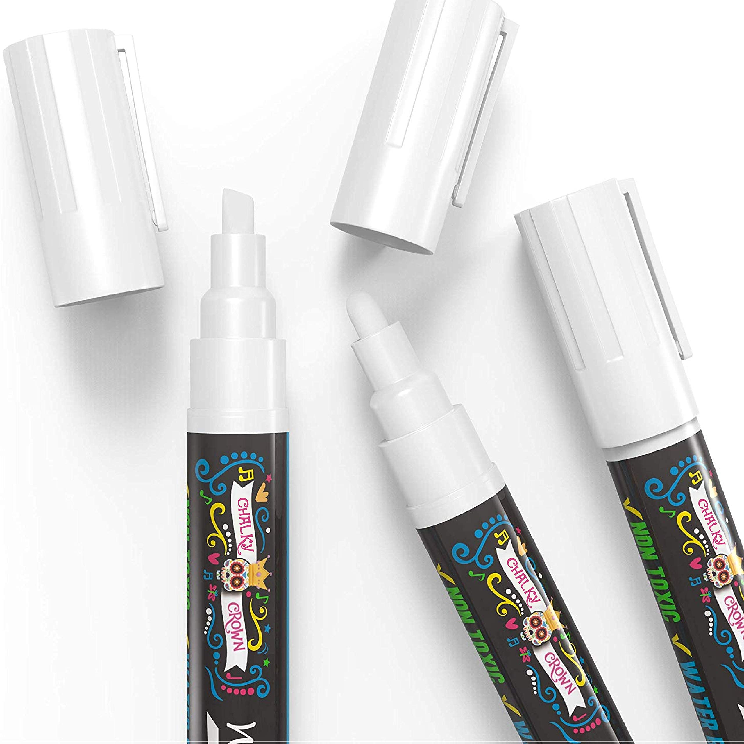 CHALKY CROWN Liquid Chalk Markers - 6mm Reversible Tip White Chalk Pens for Chalkboard, Blackboard, Glass, Windows - Perfect for Signs, Menus, Labels & DIY Projects (5 Pack)