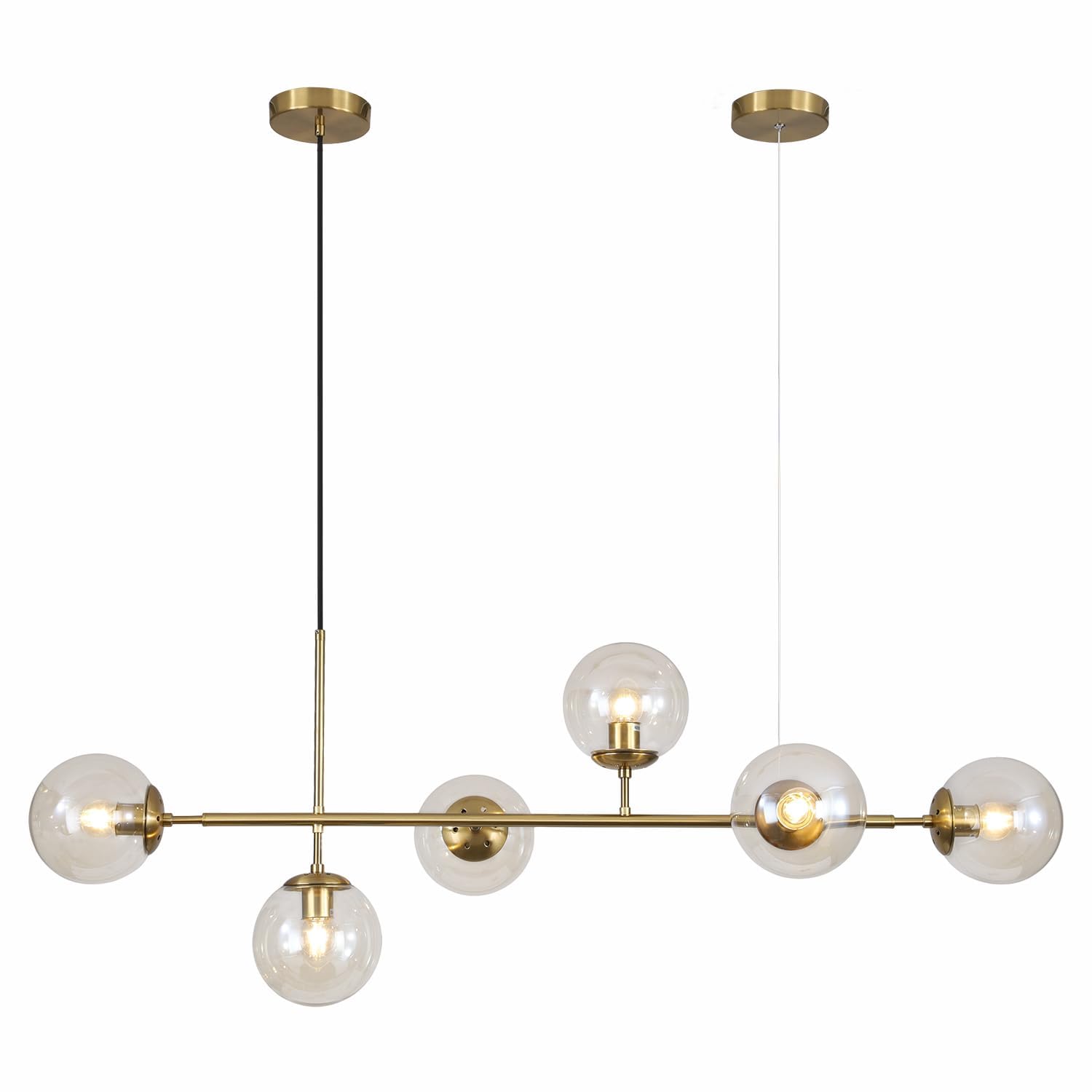 KCO Lighting 6-Light Amber Glass Linear Chandelier - Gold Brass Pendant Light Fixture for Kitchen Island & Dining Room | Modern Sputnik Ceiling Lighting for Home Decor