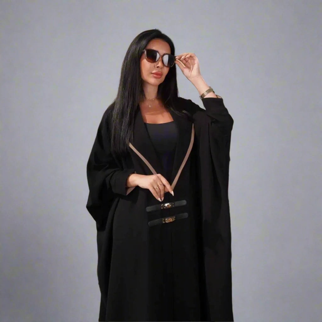 Elegant Batwing Sleeve Farasha Open Abaya Dress with Adjustable Leather Belt - Modest Muslim Women's Prayer Dress for Special Occasions & Evening Events