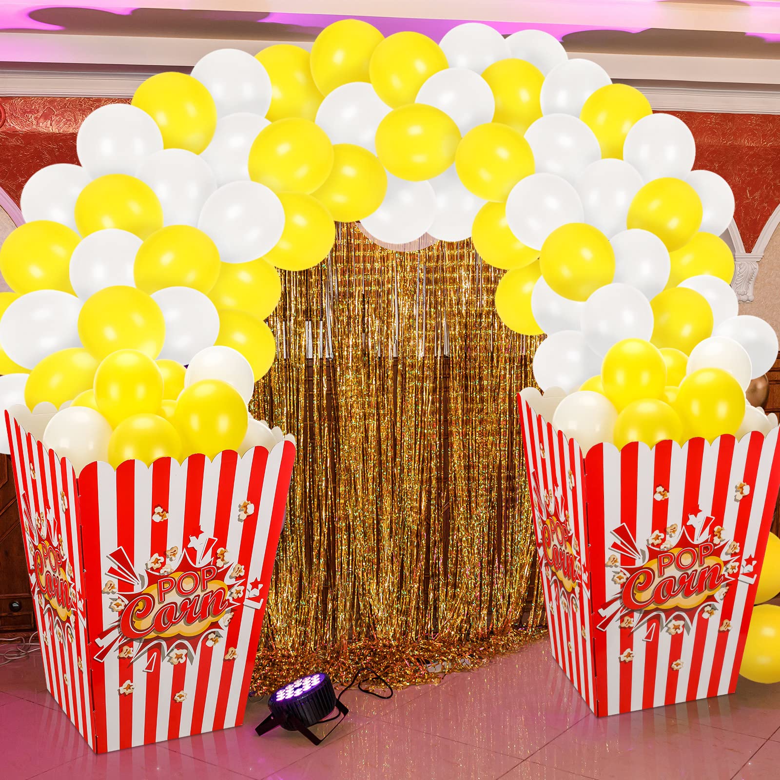 Giant 3D Popcorn Box Stand with Balloons - Movie Theater Popcorn Decorations for Carnival & Themed Parties (2 Pack) - Perfect for Movie Nights, Birthday Celebrations, and Outdoor Events