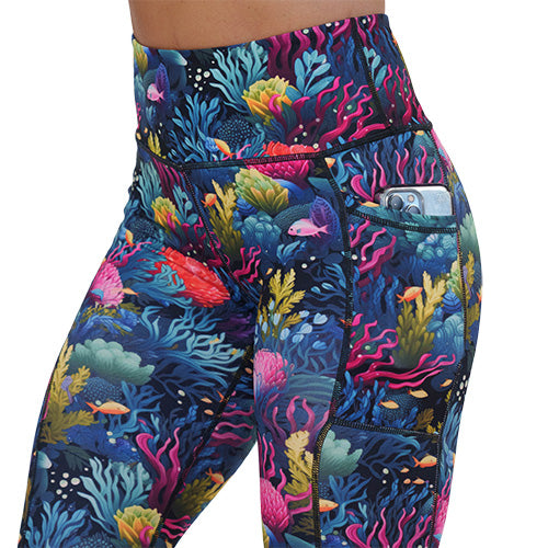 Coral Reef Print Yoga Leggings for Women - High Waisted Stretchy Workout Pants for Gym, Running & Lounge