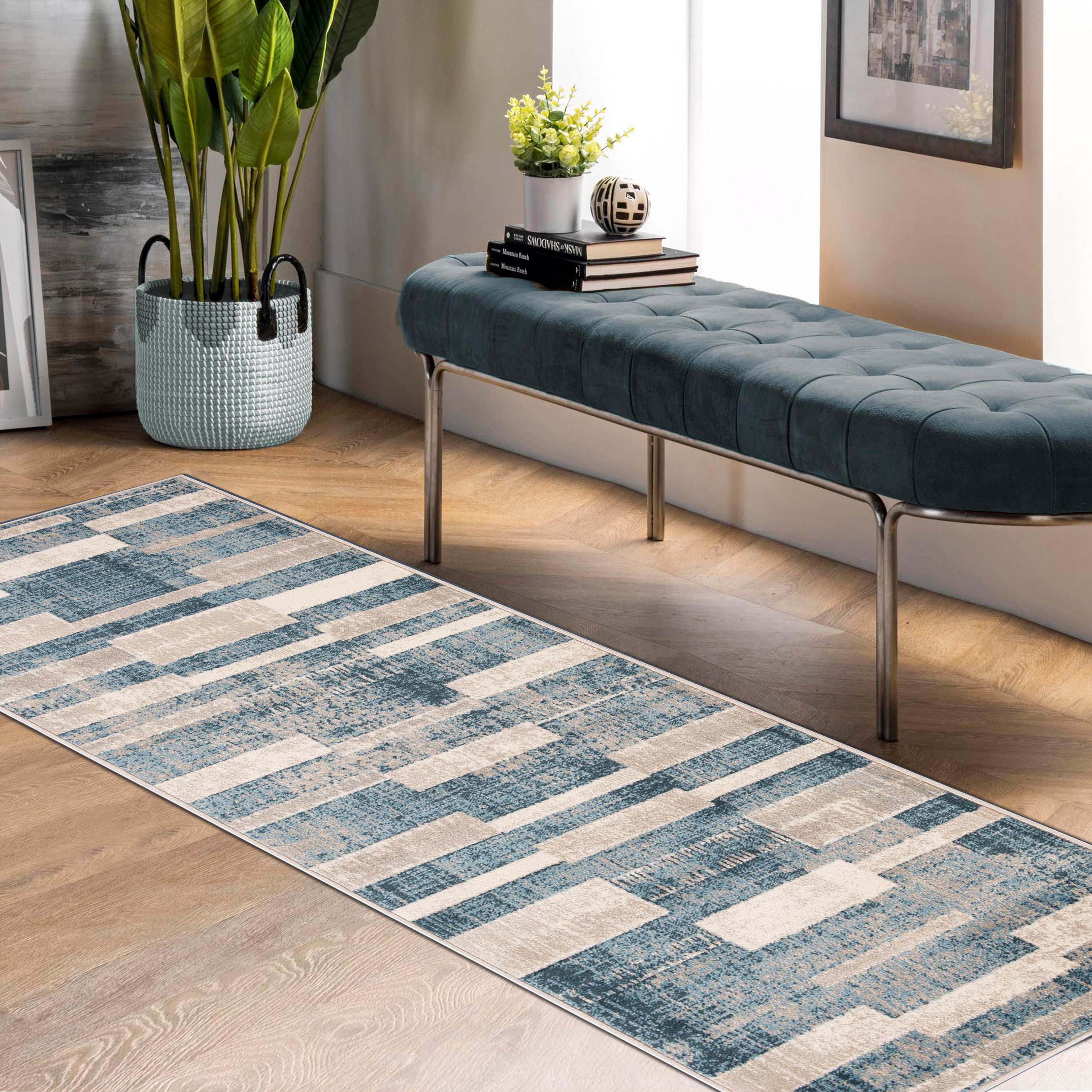 Radko Modern Striped Indoor Area Rug or Runner - Soft Non-Slip Living Room Carpet for Bedroom, Hallway & Home Decor