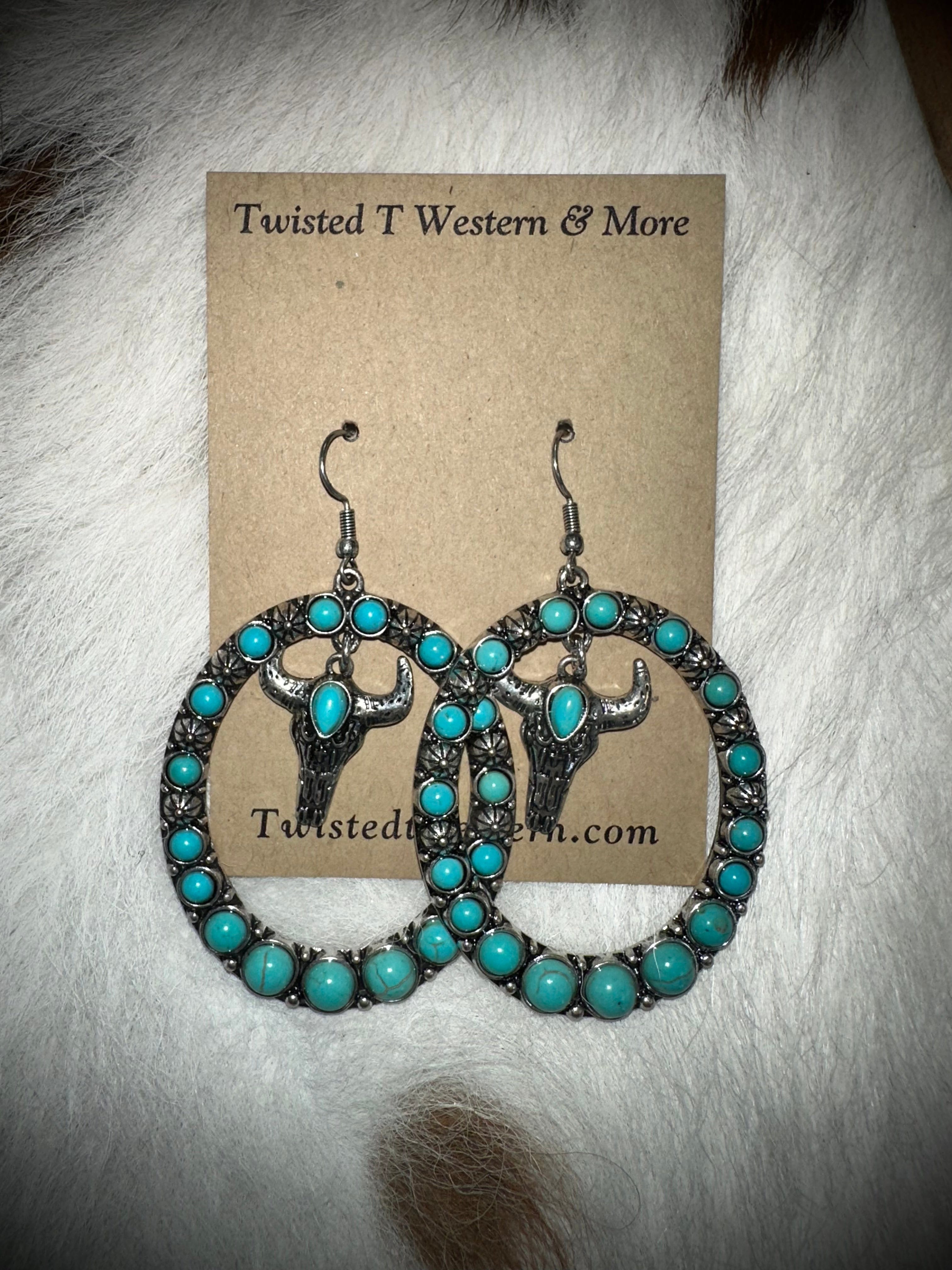 Turquoise Oval Dangle Earrings with Steer Head Charm - Western Style Jewelry for Cowgirl Fashion & Boho Outfits