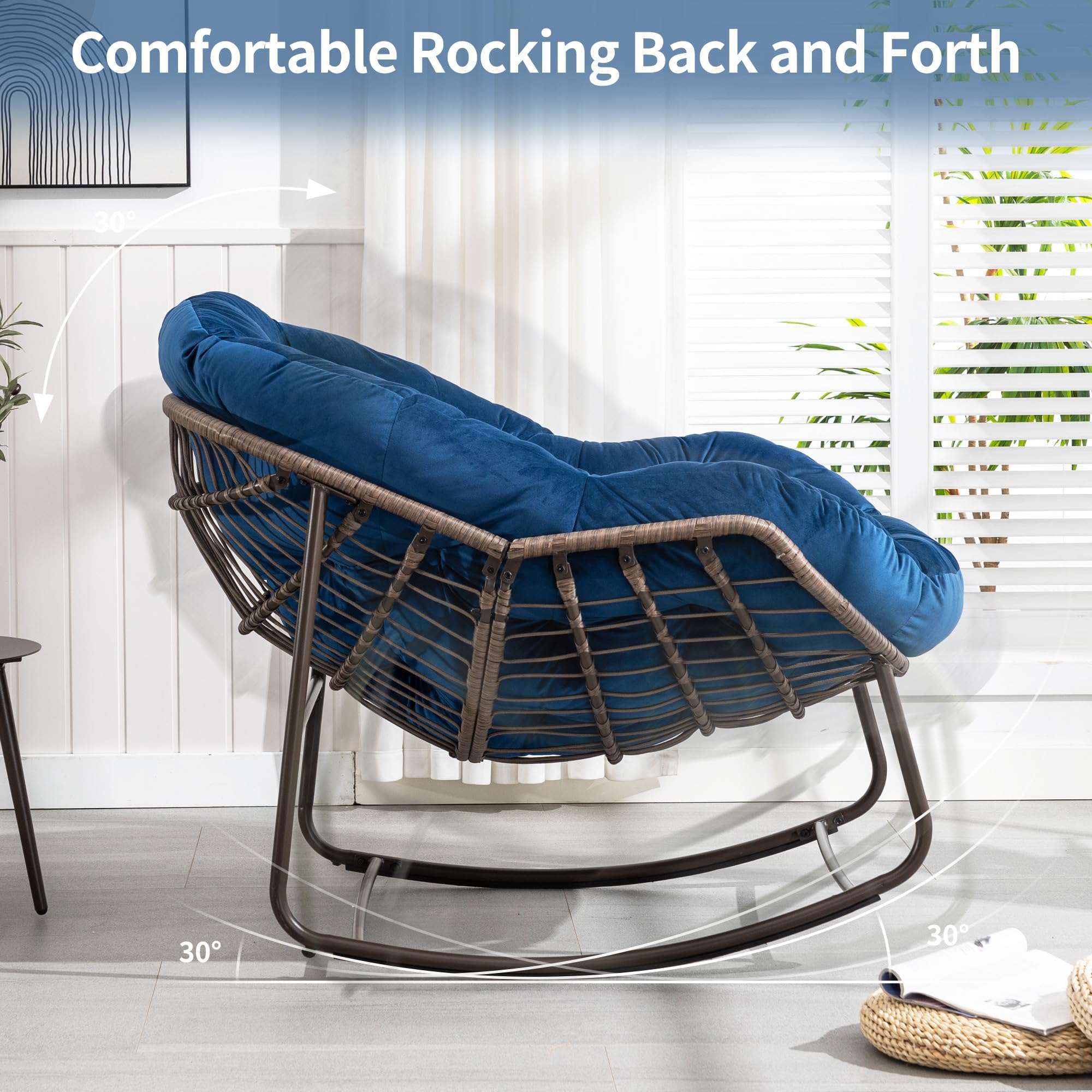 Oversized Wicker Papasan Glider Rocking Chair - Comfortable Patio & Indoor Rocker Recliner for Living Room, Nursery, Bedroom, Front Porch - Blue Accent Lounge Chair for Relaxing, Reading & Napping (1 Chair)