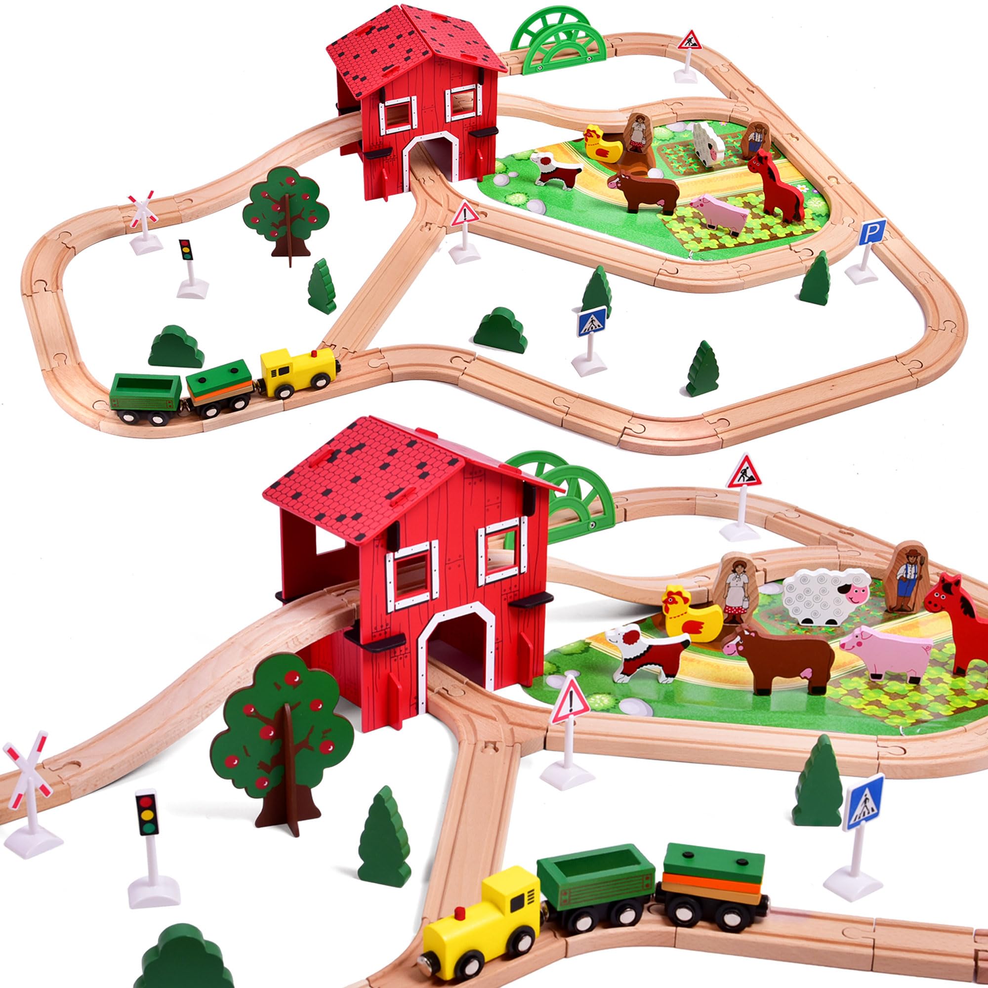 77PCS Wooden Train Set Toy for Boys & Girls - Compatible with Major Brands | Wooden Train Tracks & Farm Play Set | STEM Learning Toy for Toddlers & Preschoolers | Perfect for Birthday Gifts & Indoor Playtime