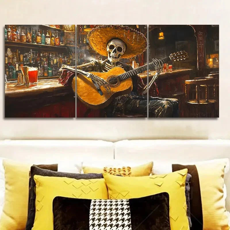 3-Piece Skeleton Playing Guitar in Bar Wall Art Set - 40x60cm Framed Canvas Prints | High Quality Australian Made | Ready to Hang | Perfect for Home, Office & Bar Decor