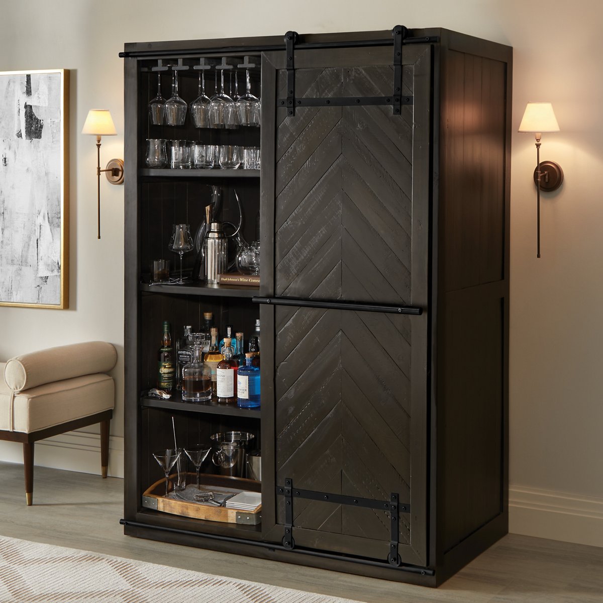 Rustic Black Sliding Barn Door Armoire - Solid Wood Wardrobe Closet with Mesa Design for Bedroom, Living Room & Entryway Storage