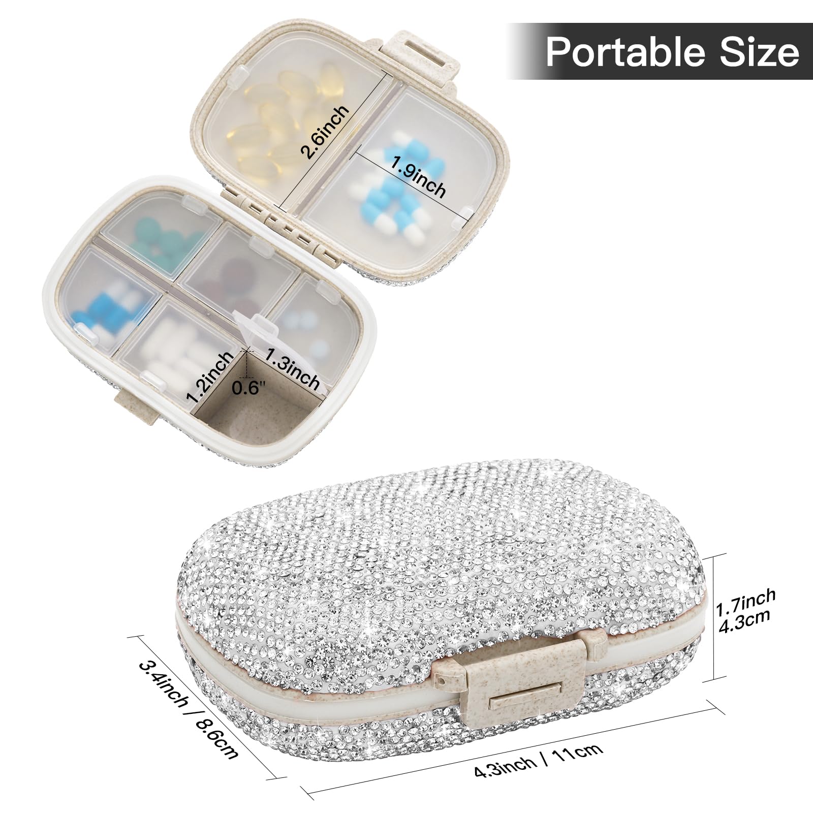 Soleebee 8-Compartment Portable Pill Organizer - Bling Crystal Diamond Pill Box for Daily Vitamins, Fish Oil & Medication - Compact Travel Pill Case for Home, Office & On-The-Go (Silver)