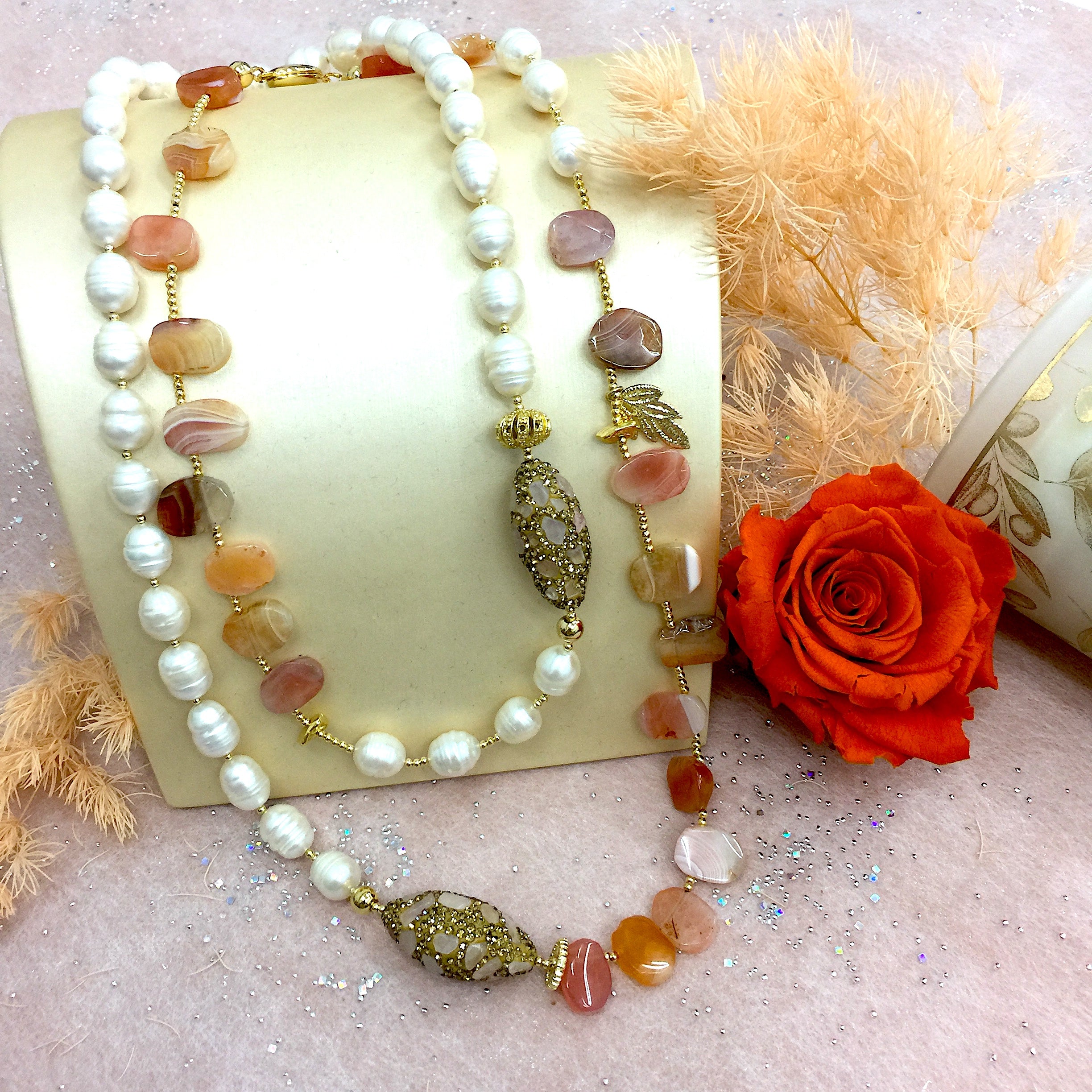 Orange Agate Necklace with Freshwater Pearls & Rhinestones - Adjustable Multi-Way Layering Jewelry for Women | Boho Chic Accessory for Parties, Weddings & Everyday Wear