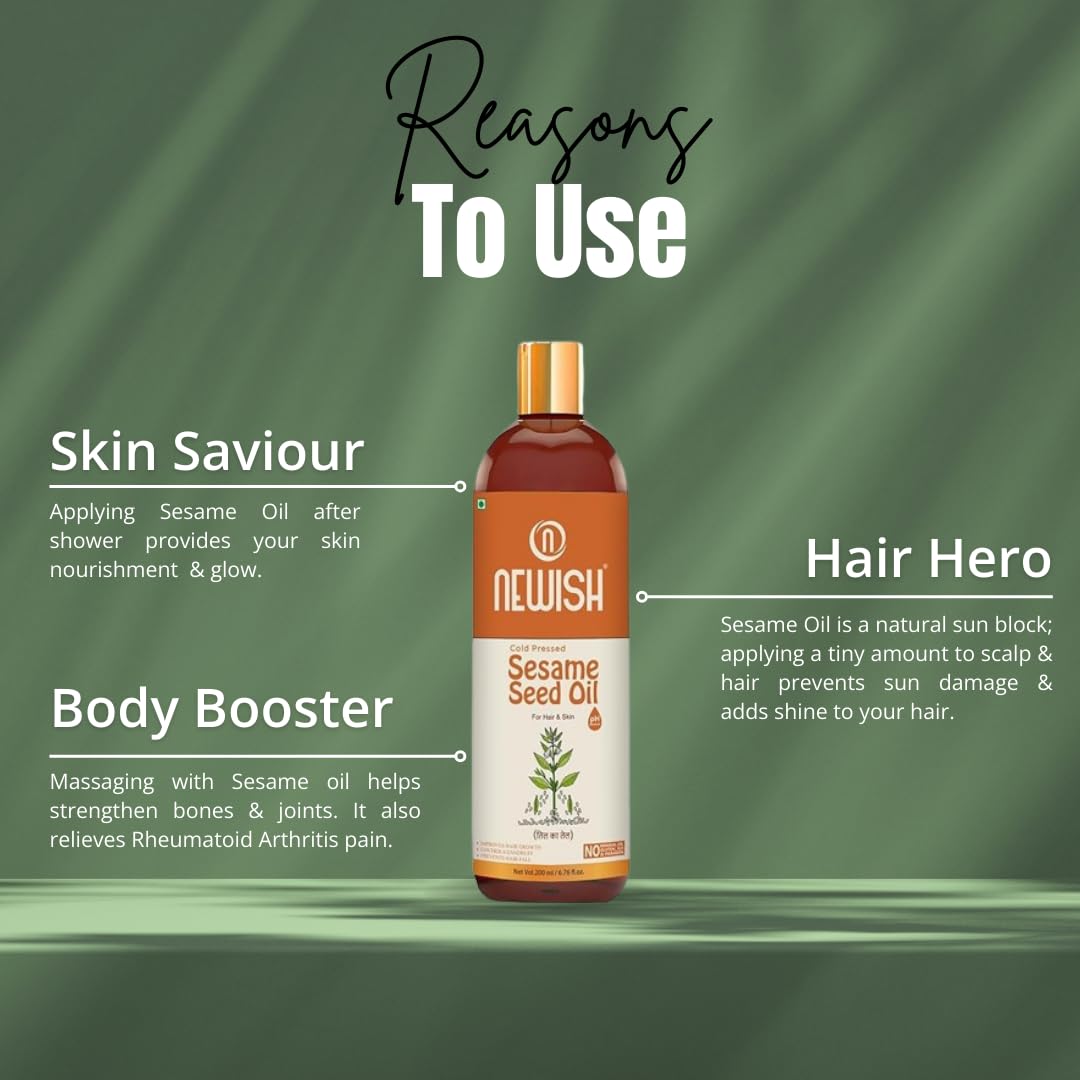 100% Pure & Natural Cold Pressed Sesame Oil for Hair, Skin & Massage (Til Ka Tel/Til Oil, Gingelly Oil) - 200ml - Promotes Hair Growth, Skin Hydration & Relaxing Massage Therapy