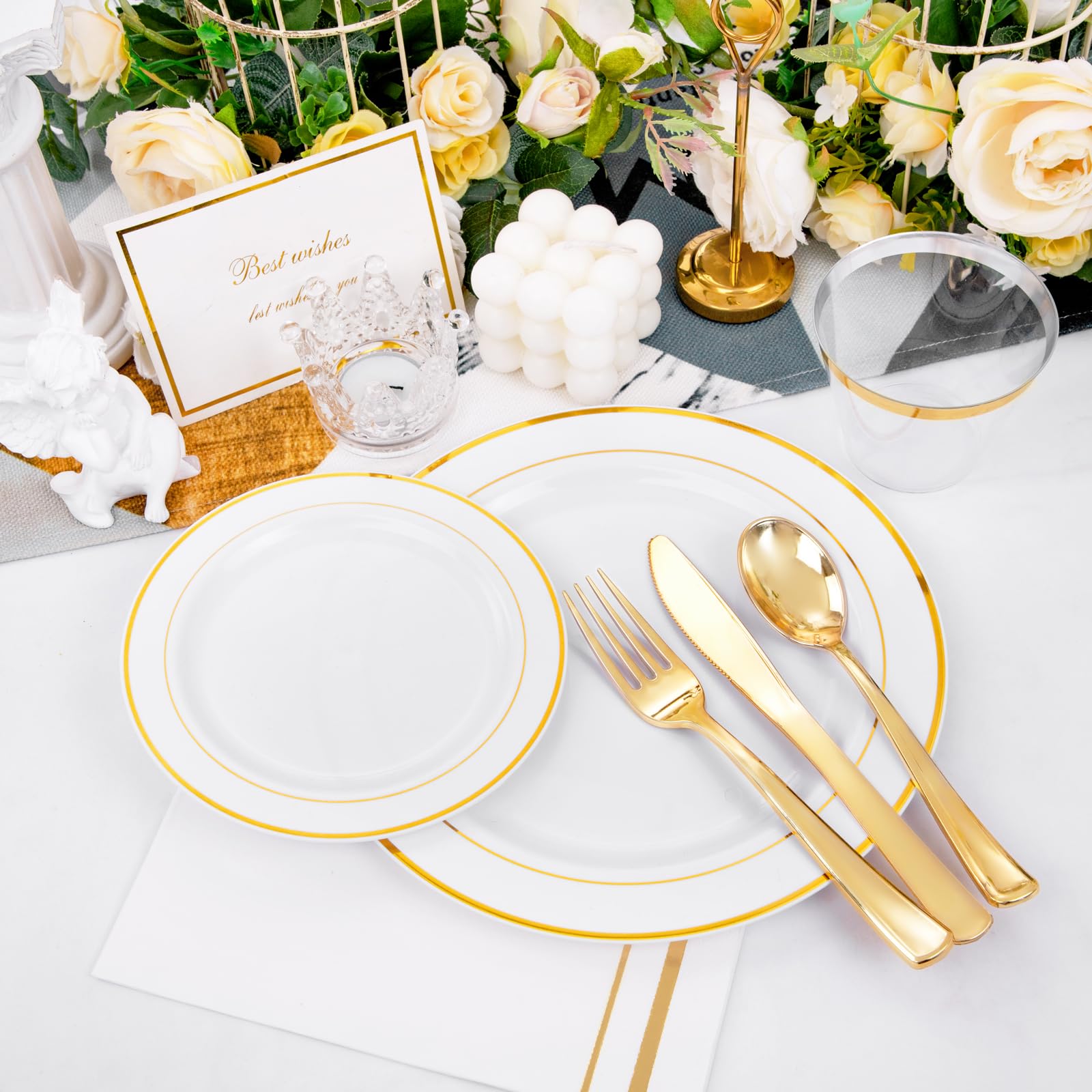 350-Piece Gold Plastic Dinnerware Set - 50 Gold Dinner Plates, 50 Salad Plates, 150 Silverware, 50 Napkins & 50 Cups - Disposable Party Tableware for Weddings, Birthdays & Special Events - Elegant & Convenient for Large Gatherings