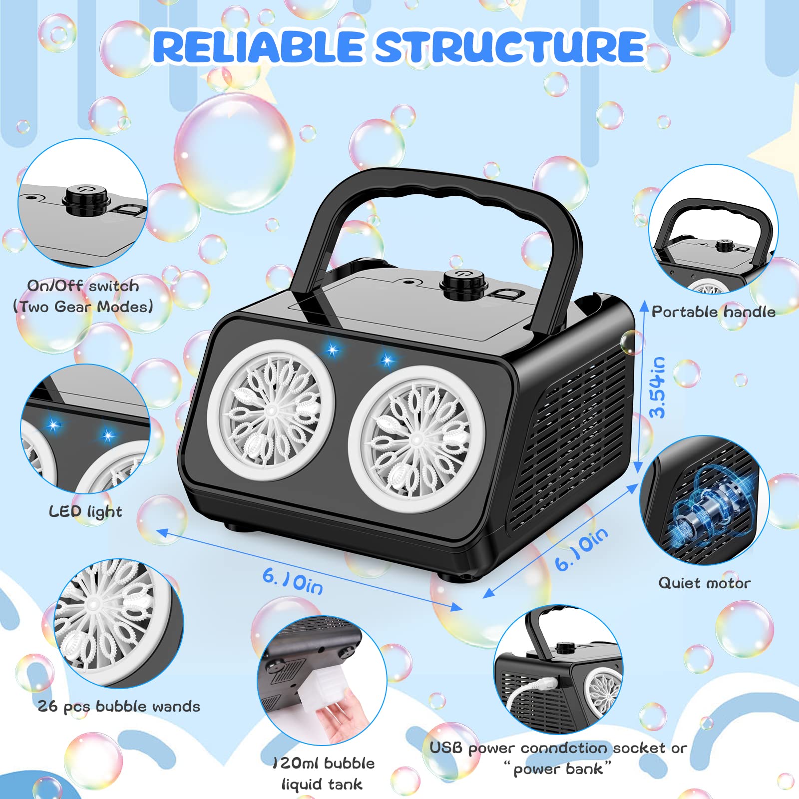 Automatic Bubble Machine for Kids - 20,000+ Bubbles Per Minute, Battery Operated Portable Bubble Blower with Dual Fans | Perfect for Outdoor Play, Birthday Parties, Weddings & Indoor Events