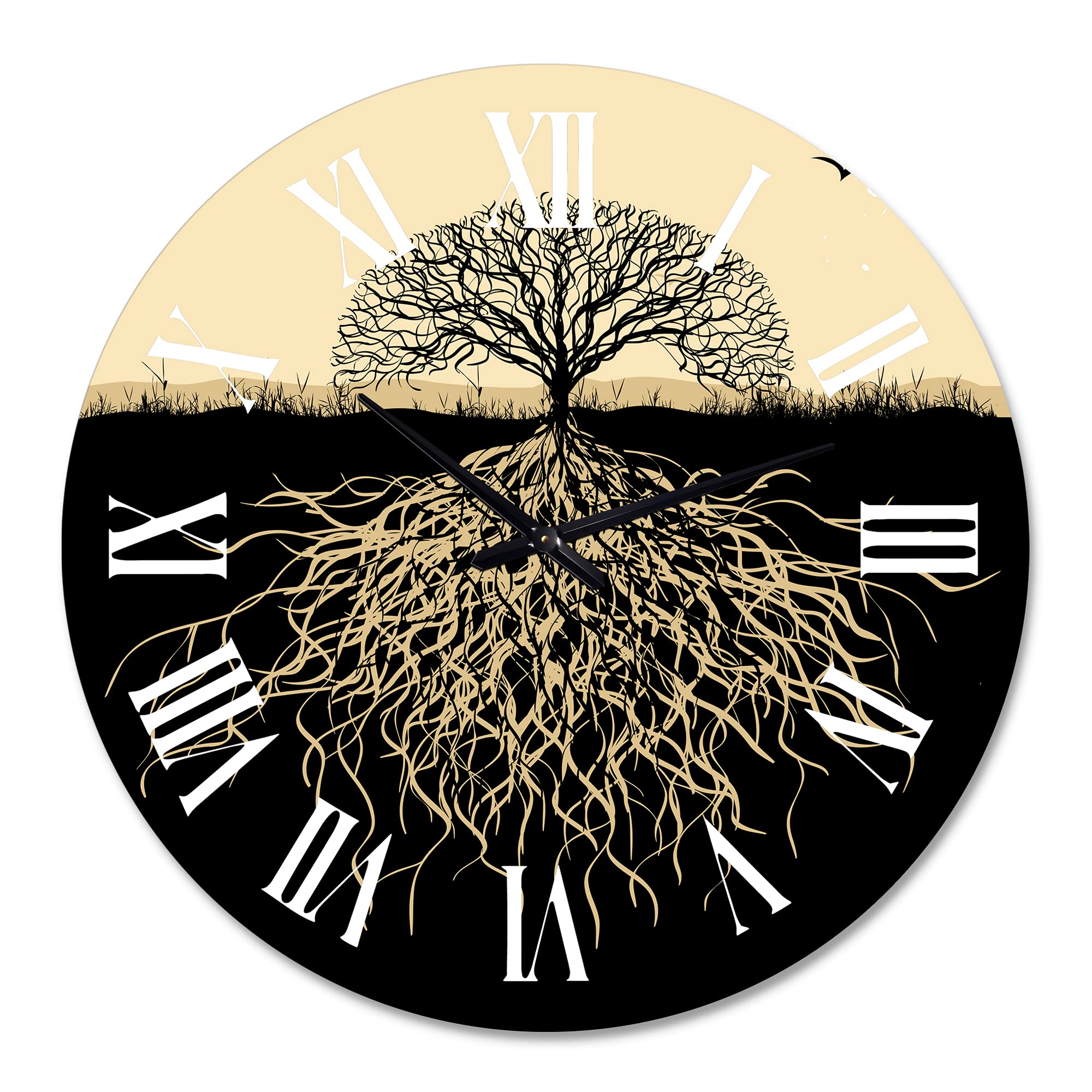 Tree Silhouette with Roots Wall Clock - Large Traditional Wooden Wall Clock for Home & Office Decor - Perfect for Living Room, Bedroom, Kitchen & Office Spaces