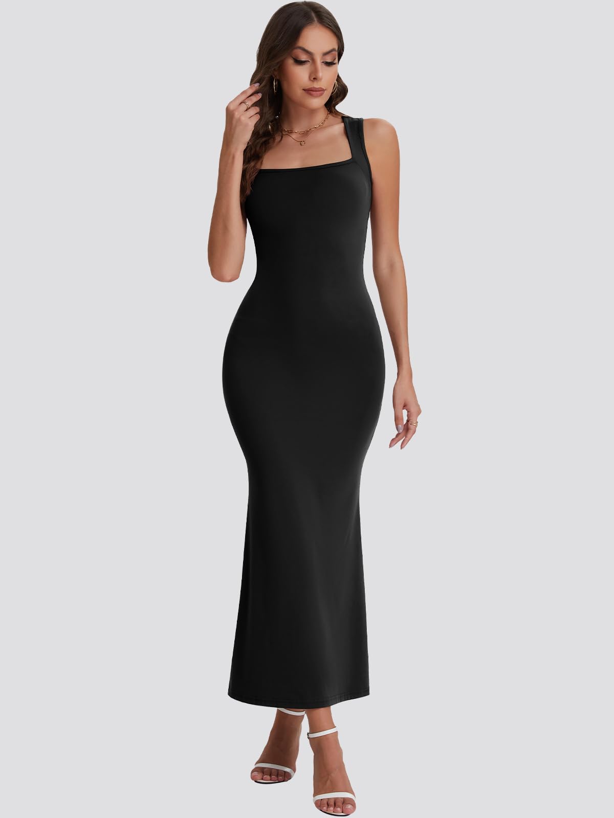 Bloggerlove Women's Summer Long Bodycon Maxi Dress - Square Neck Strap Sleeveless Sexy Cocktail Party Prom Dress for Beach Vacation, Date Night & Evening Events