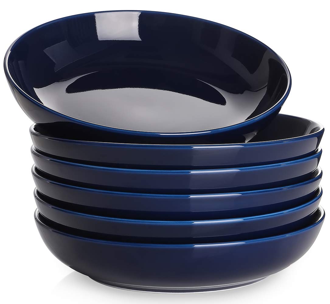 Y YHY 30oz Pasta Bowls Set of 6 - Large Porcelain Soup & Salad Serving Bowls, Wide Shallow Dishes - Microwave & Dishwasher Safe - Blue - Perfect for Family Dinners, Restaurants & Entertaining