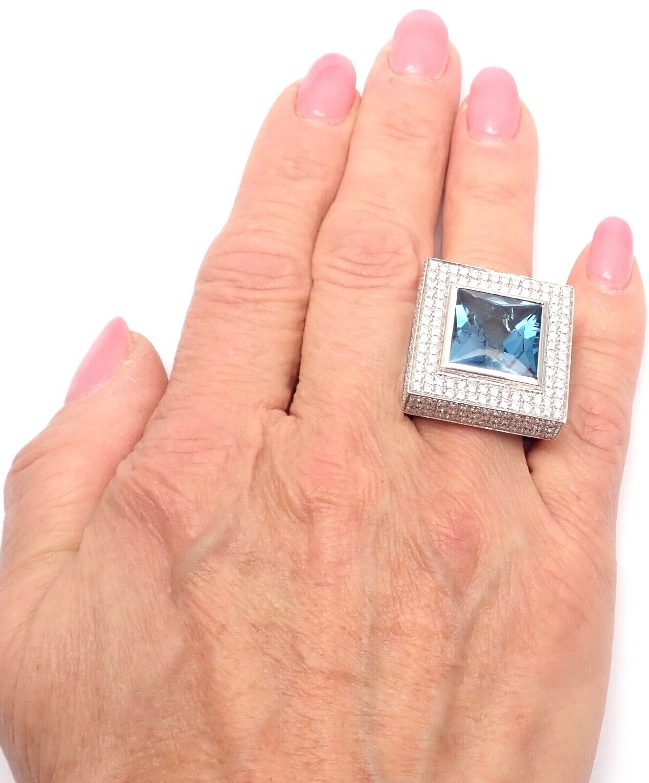 Authentic Pasquale Bruni 18K White Gold Diamond & London Blue Topaz Statement Ring for Women | Luxury Bridal Jewelry & Anniversary Gift | Perfect for Weddings, Engagements & Special Occasions