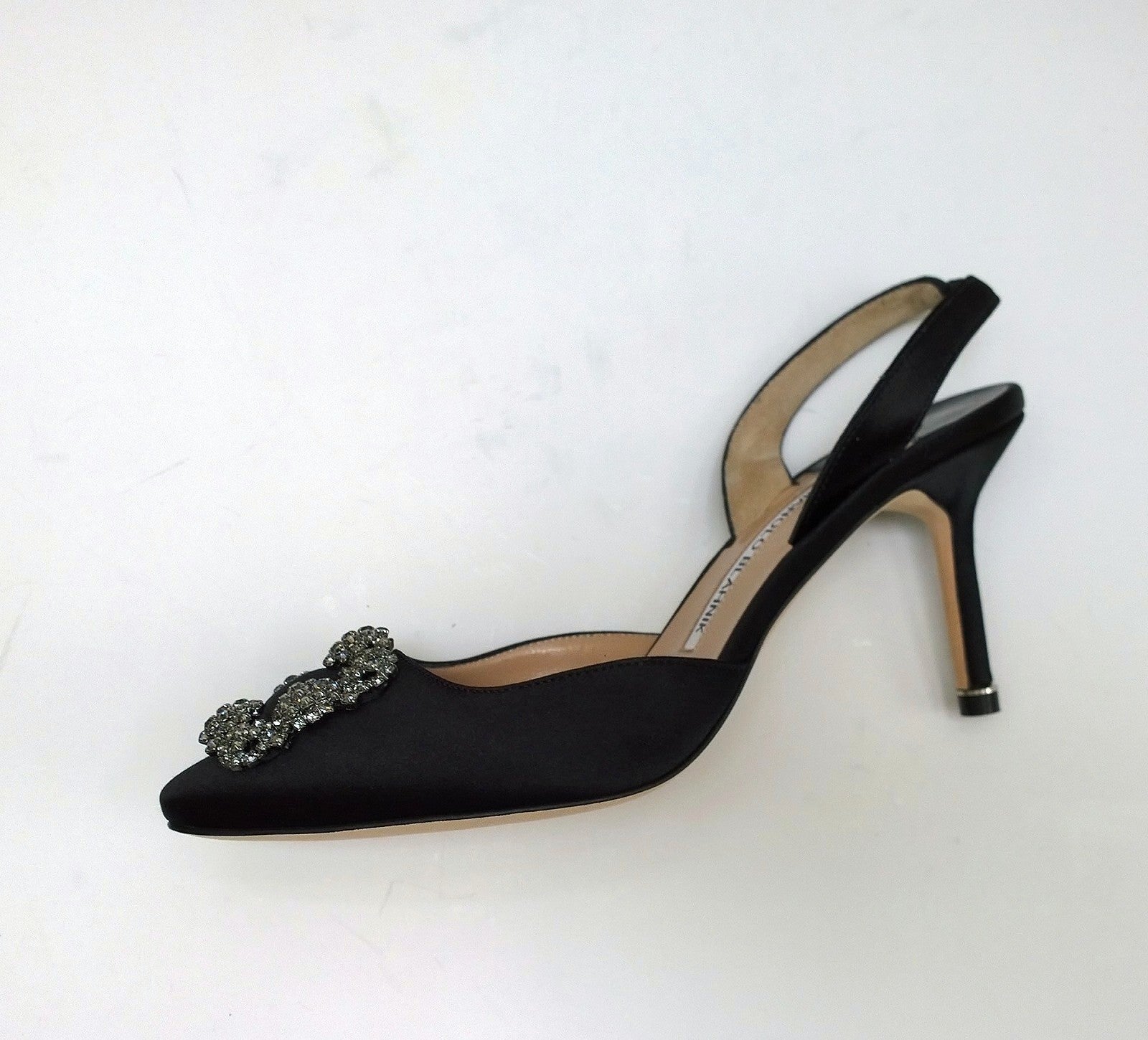 Manolo Blahnik Hangisi 70mm Black Satin Rhinestone Buckle Slingback Heels - Luxury Evening Shoes for Weddings, Parties & Special Occasions