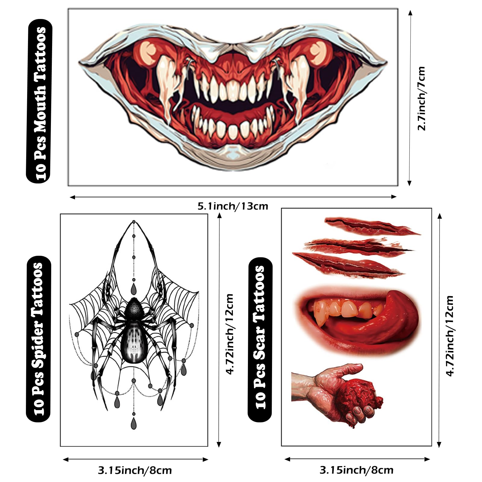 Waterproof Fake Zombie Scar Tattoos & Vampire Teeth Kit - 30 Sheets Halloween Makeup Stickers with Spider & Mouth Designs for Cosplay, Costume Parties, Horror Events & Scary Movie Nights