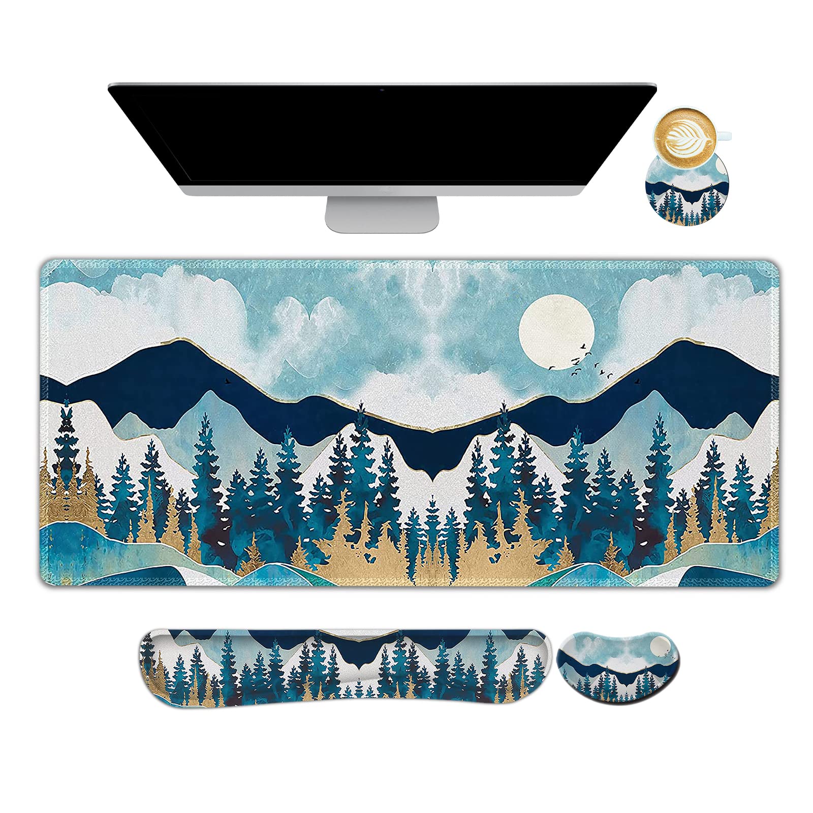 ARTSO Large Gaming Mouse Pad Set - Extended Mousepad (35x15.5in) with Keyboard Wrist Rest & Mouse Wrist Cushion, Non-Slip Desk Mat with Coaster - Abstract Mountain Design for PC Gaming & Office Work