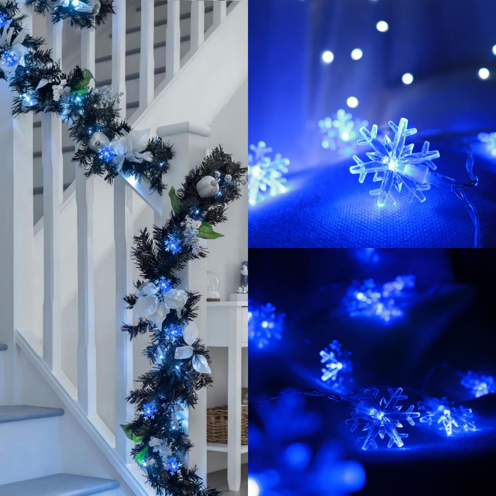 Blue Christmas Snowflake Lights - 20 FT 40 LED Battery Operated Fairy String Lights with Remote, 8 Lighting Modes, Waterproof for Indoor Outdoor Xmas Tree Decor - Perfect for Bedroom, Wall, Party & Holiday Decorations