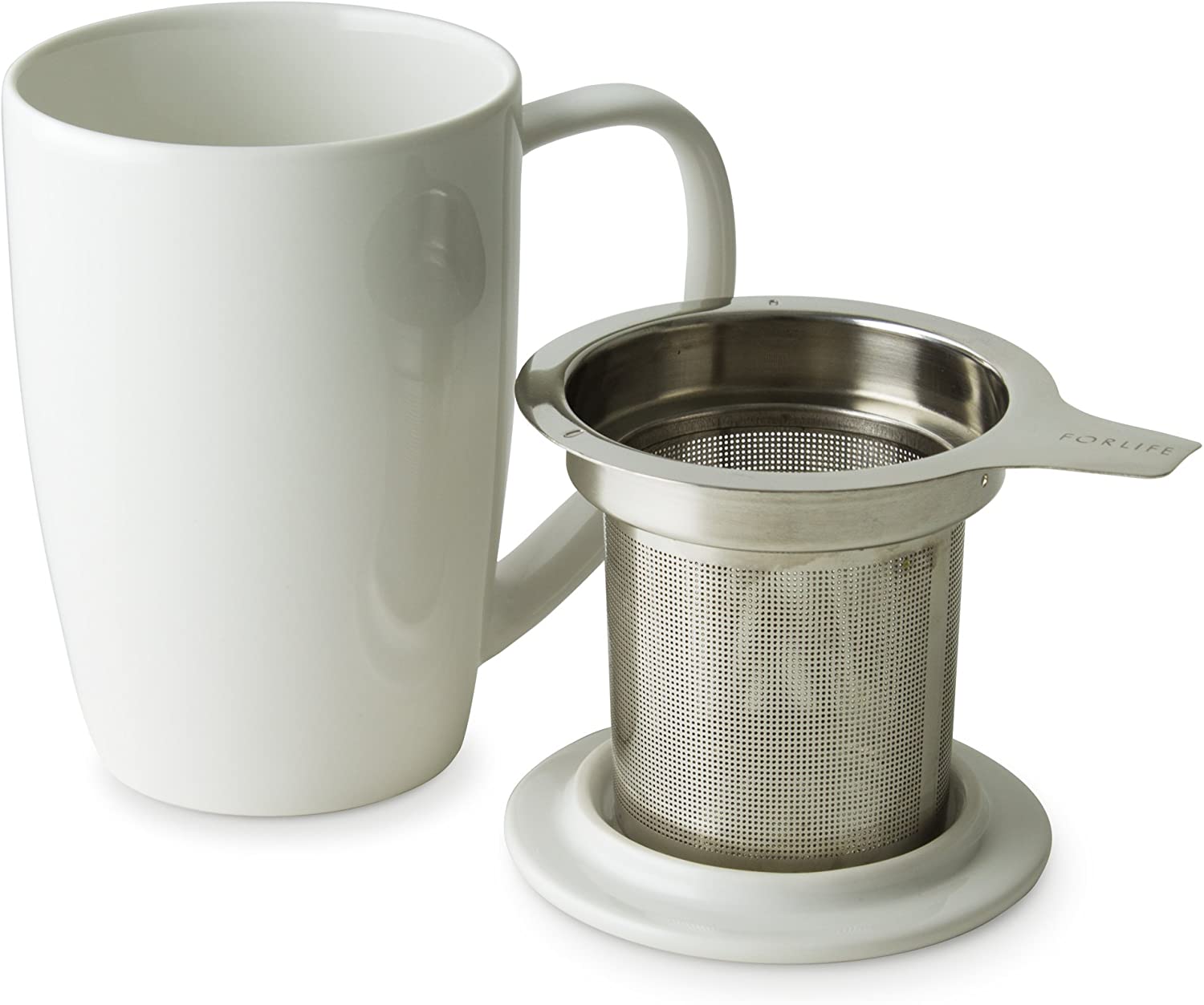 FORLIFE Curve Tall Tea Mug with Infuser and Lid - 15oz White Ceramic Tea Cup - Perfect for Loose Leaf Tea, Herbal Infusions & Office Use