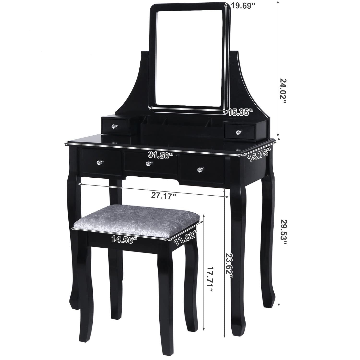 BEWISHOME Vanity Table Set with Mirror & Cushioned Stool, 5-Drawer Makeup Dressing Table with 2 Dividers & Movable Organizers, Black FST01H - Perfect for Bedroom, Bathroom & Beauty Salon Makeup Organization