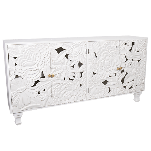 Hand Carved Large Floral Wood Sideboard Cabinet - Rustic Farmhouse Buffet Storage for Dining Room & Living Room