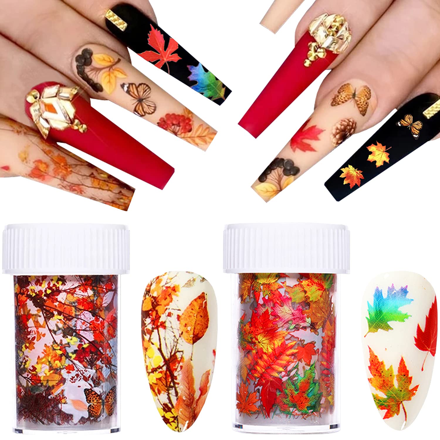 Autumn Maple Leaf Nail Foil Transfer Stickers - 2 Pack Fall Nail Art Designs for Women | Thanksgiving Nail Decals & DIY Nail Decorations | Perfect for Halloween, Thanksgiving Parties and Seasonal Nail Art