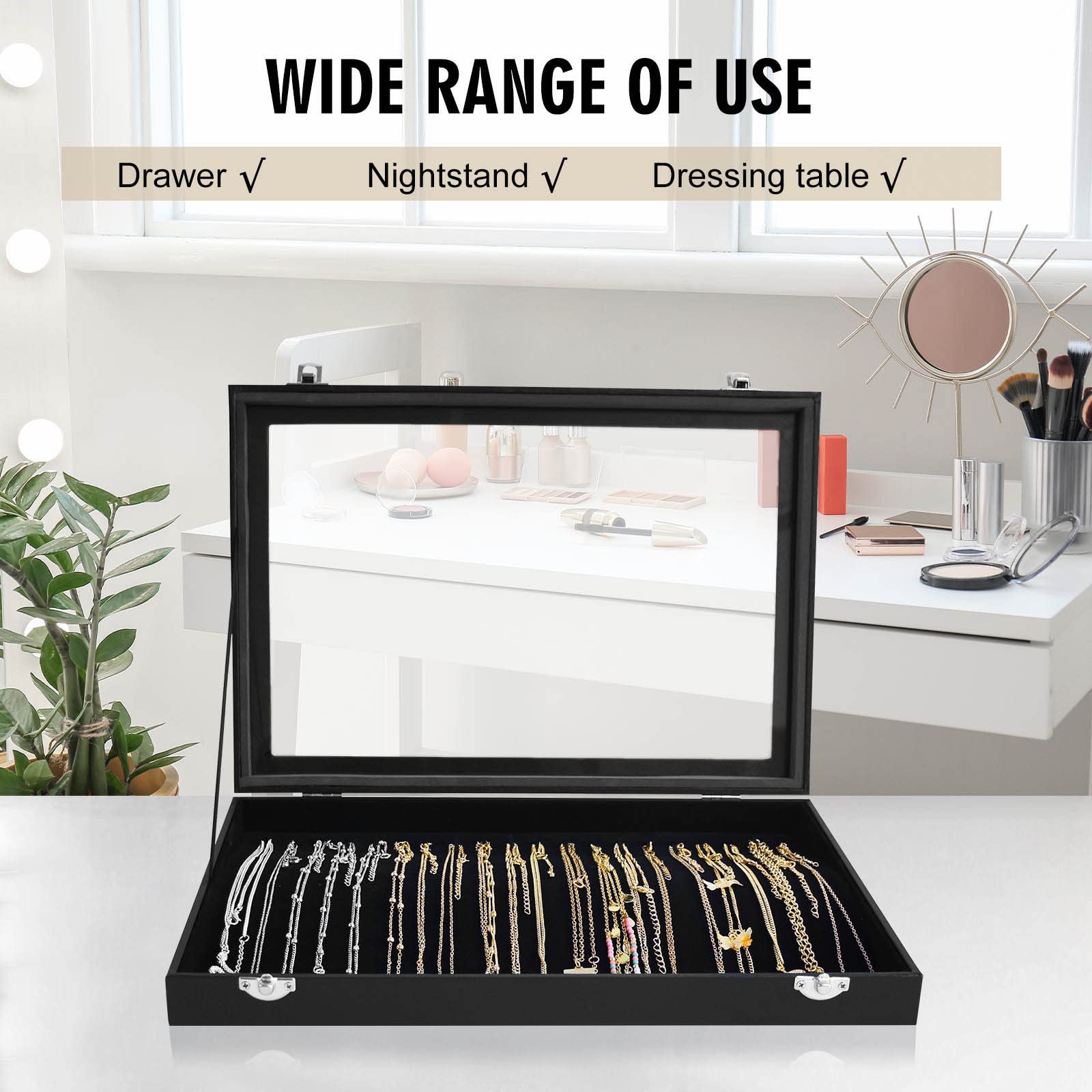 Premium Jewelry Organizer Box - 20 Hook Necklace Display Case with Clear Lid - Necklace & Pendant Storage for Women & Girls (Black) - Perfect for Travel, Gifts & Home Decor
