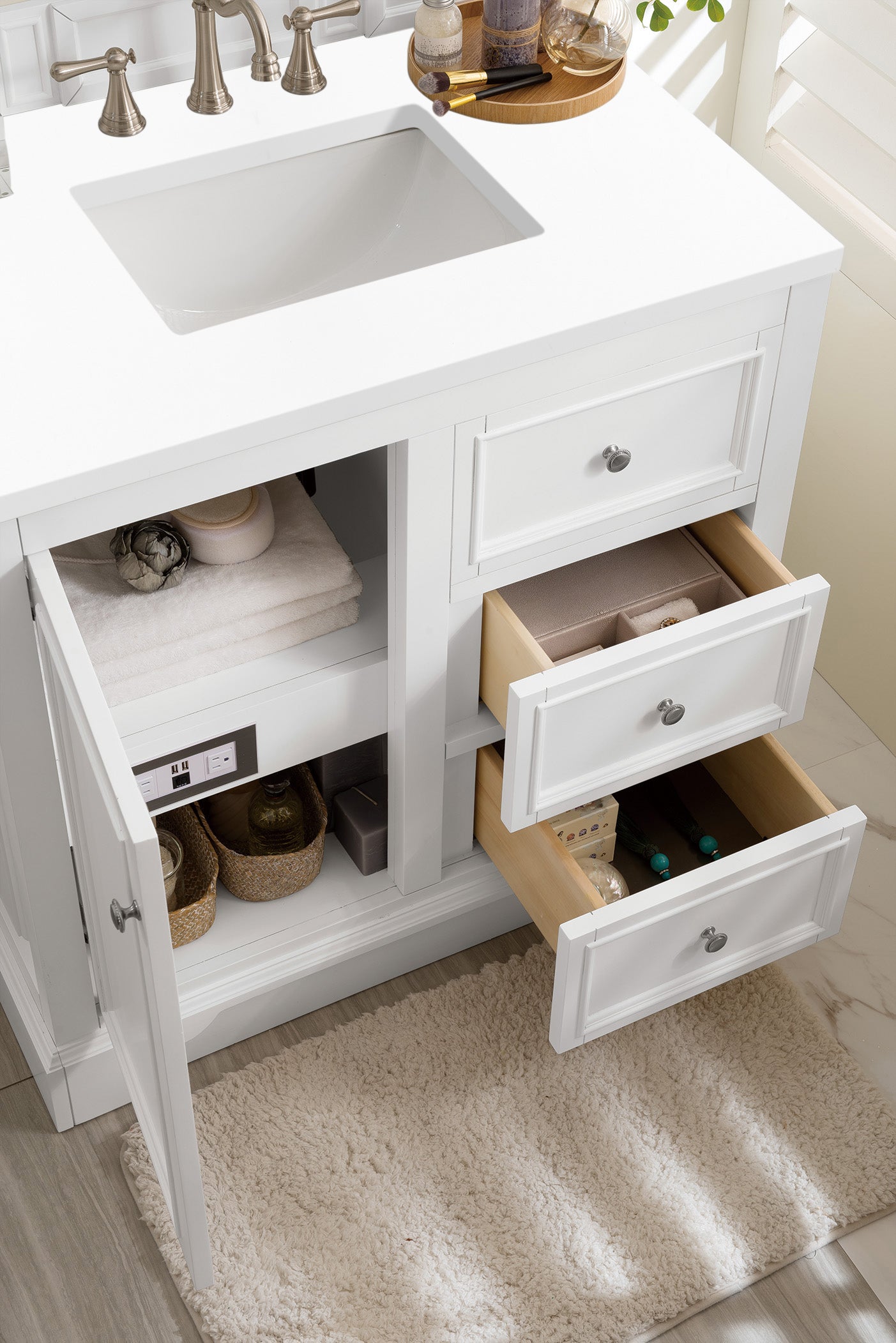 De Soto 36 Inch Single Bathroom Vanity Set with White Zeus Quartz Countertop - Bright White Finish, Modern Sink Cabinet for Small Bathrooms & Powder Rooms