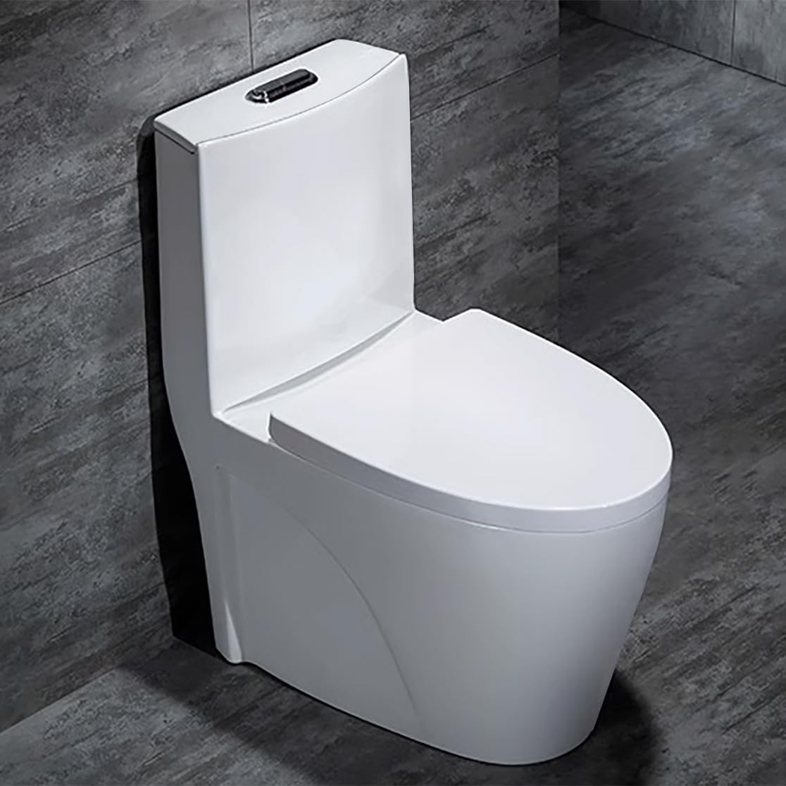 WinZo WZ5040P Elongated One-Piece Toilet - High-Efficiency Dual Flush 1.1/1.6 GPF, Soft-Close Seat, Wall Discharge Horizontal Outlet - Perfect for Small Bathrooms, Basements & Macerating Systems - White