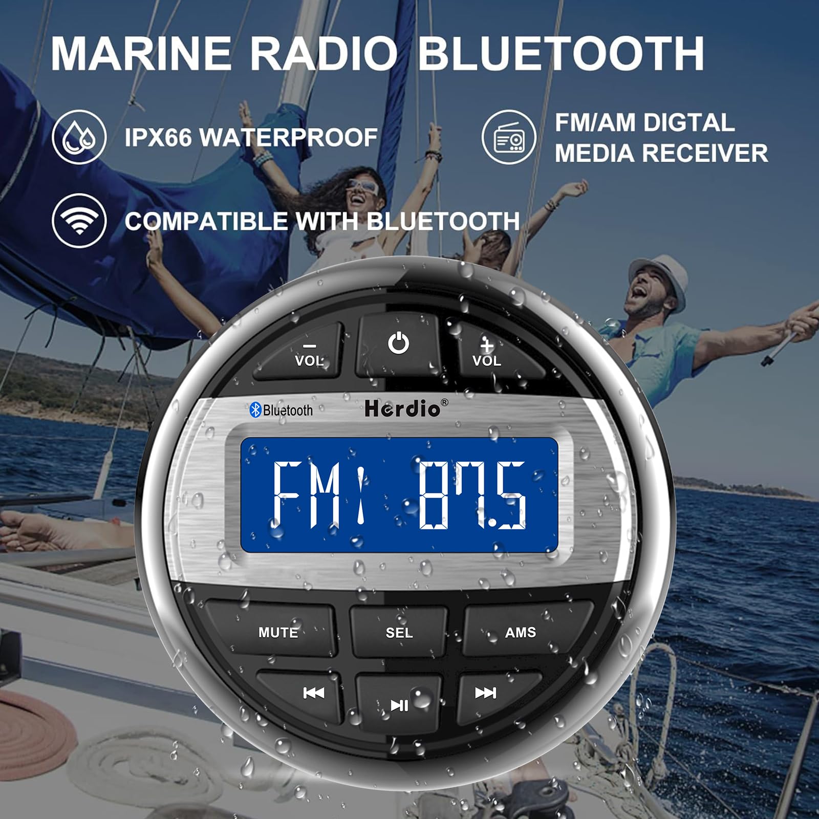 Herdio Marine Bluetooth Radio Speaker Set - 6.5 Inch Waterproof Flush Mount Ceiling Speakers with Marine Gauge Head Unit & Flexible Rubber FM/AM Antenna | Perfect for Boats, Yachts, and Marine Entertainment Systems