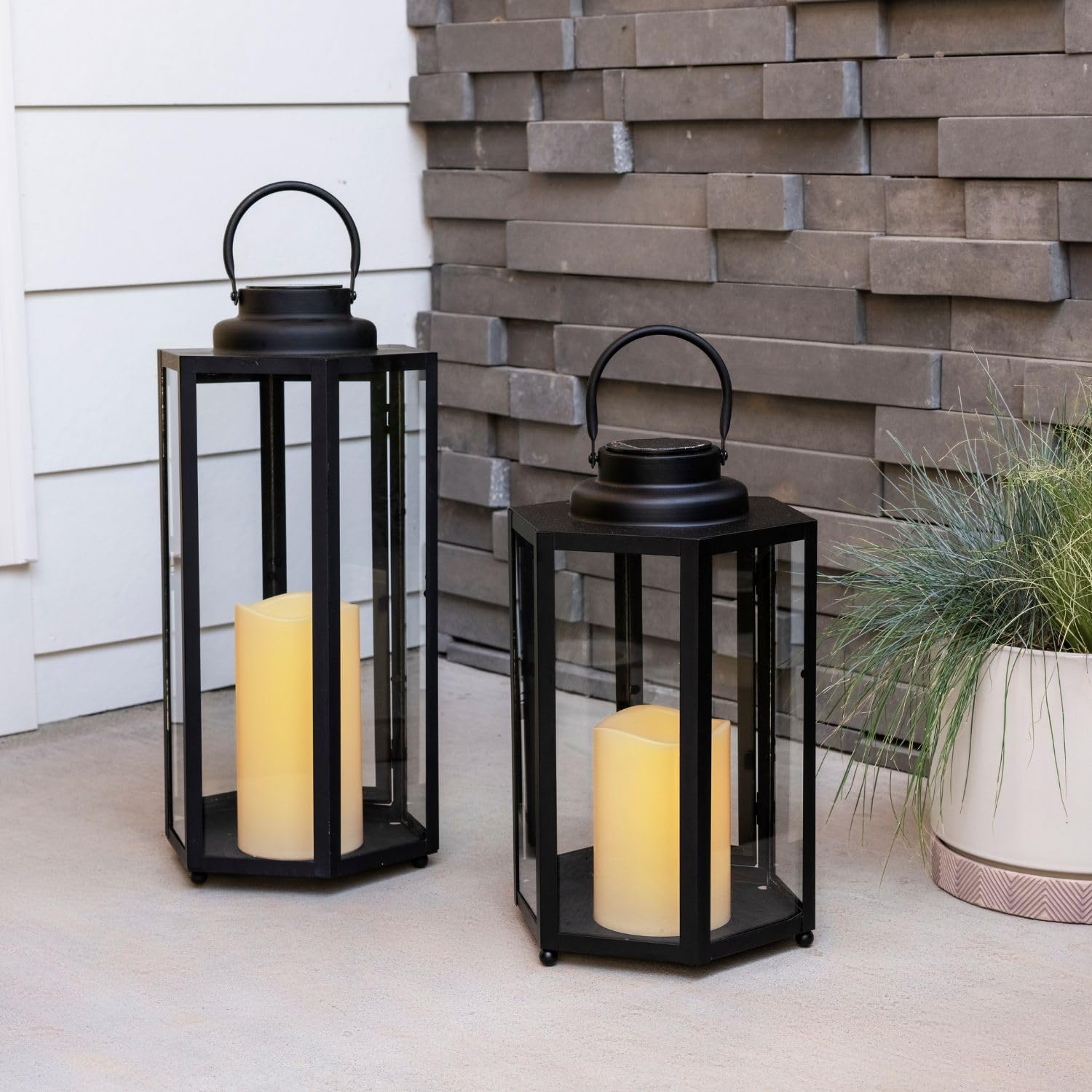Outdoor Solar Powered Decorative Lantern with Flameless Candle - 14 Inch Black Metal & Glass Waterproof Hanging Light for Porch, Garden, Patio - Perfect for Evening Ambiance, Wedding Decor & Holiday Lighting
