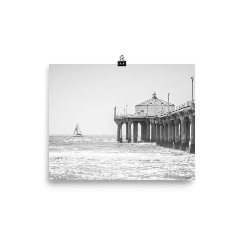 8x10 Inch Coastal Home Decor - Unframed Manhattan Beach Pier Wall Art Print | Black & White Los Angeles CA Poster | Southern California Photography | Perfect Gift for Men & Women | Living Room, Bedroom, Office Wall Picture