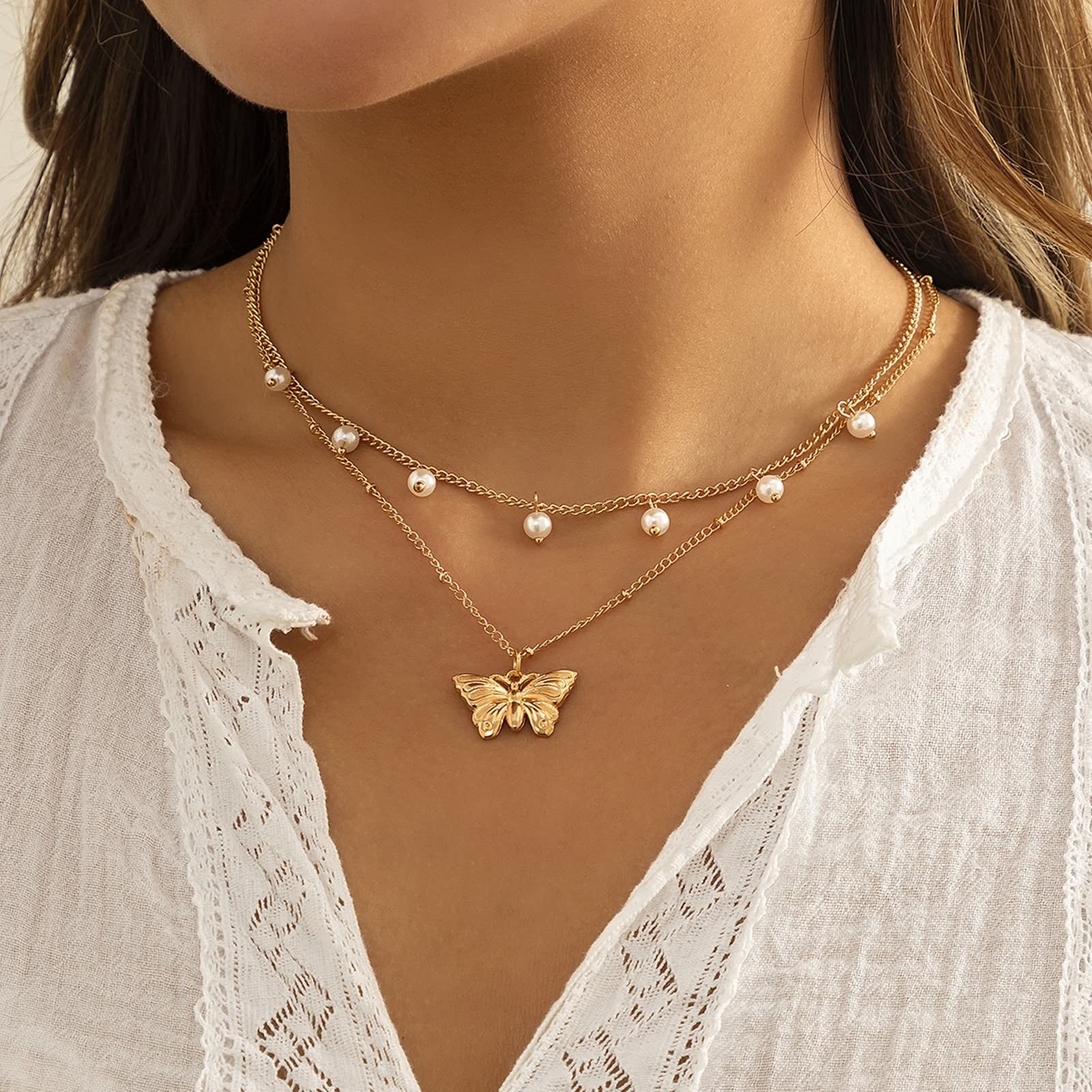 KnBoB 2 Layer Gold Plated Cuban Chain Necklace for Women - Adjustable Vintage Layered Necklace with Butterfly Pendant | Perfect for Casual Wear, Date Nights & Gift Giving