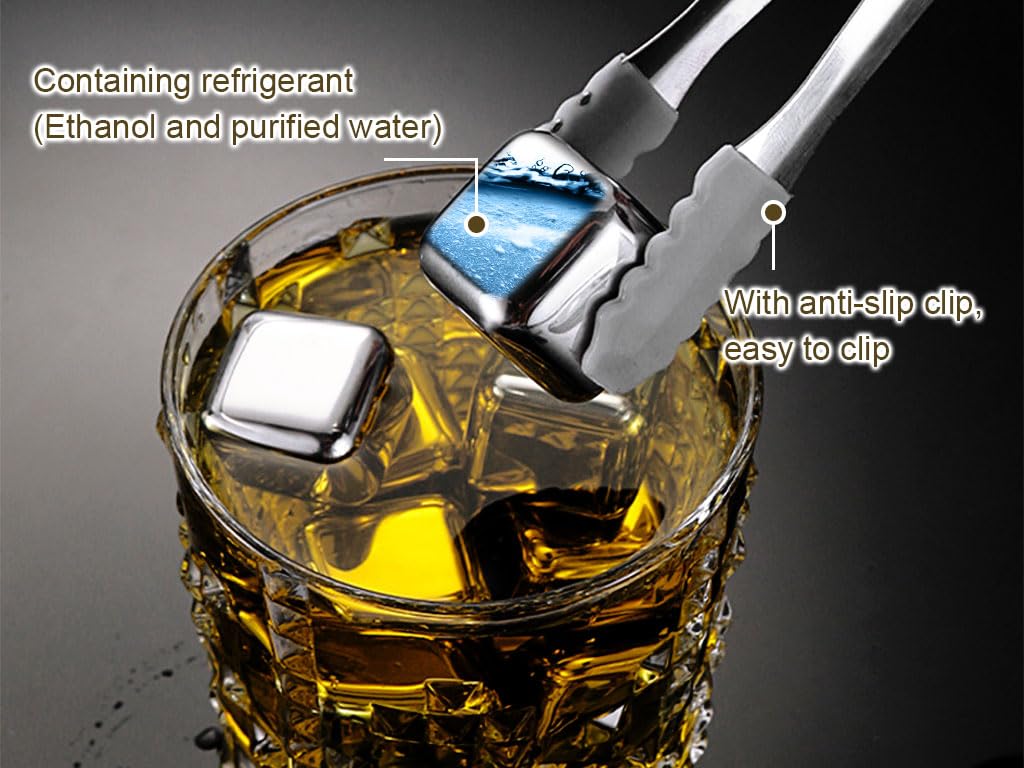 18PCS Stainless Steel Whiskey Ice Cubes Set - Reusable Metal Cooling Stones with Non-Slip Ice Tongs & Black Velvet Bags - Perfect for Whisky, Vodka, Wine, Cocktails, Juice and Soda - Ideal for Home Bars, Parties and Gifts