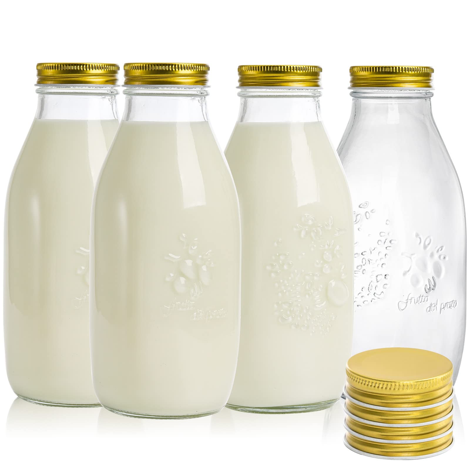 ZOOFOX 4-Pack 32oz Glass Milk Bottles with Lids - Vintage Style Reusable Dairy Containers for Refrigerator | Perfect for Almond Milk, Yogurt, Smoothies, Maple Syrup, Jam Storage | Ideal for Home Kitchen, Cafe, Farmhouse & Meal Prep