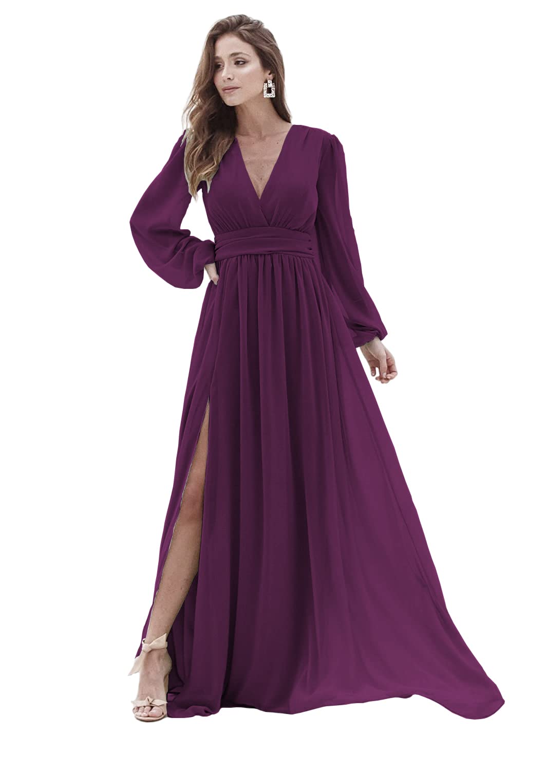 Elegant V-Neck Chiffon Long Bridesmaid Dress with High Slit - A-Line Formal Maxi Party Gown for Women (CR-02) | Perfect for Weddings, Proms, Evening Galas & Special Occasions