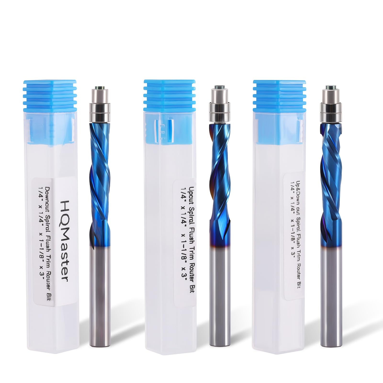 HQMaster 3-Piece Spiral Flush Trim Router Bit Set - 1/4