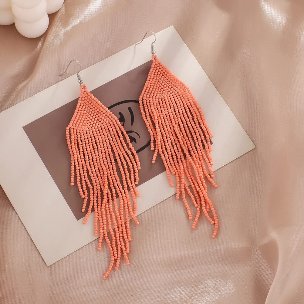 Handmade Long Beaded Tassel Earrings for Women - Boho Drop Fringe Dangle Earrings with Native Seed Beads | Perfect for Festivals, Parties and Boho Fashion Accessories