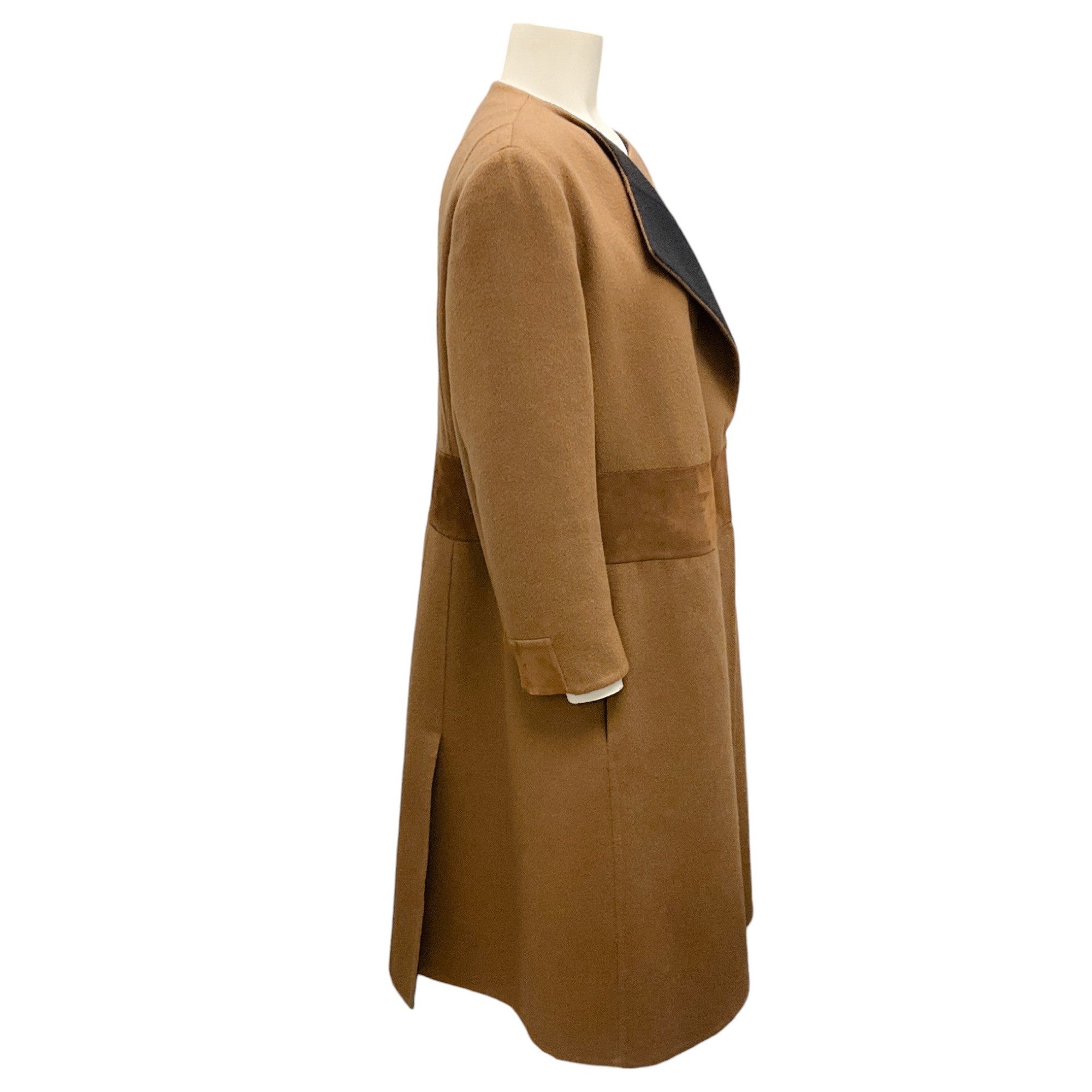 Luxury Akris Brown & Black Suede Trimmed Cashmere Coat for Women - Winter Fashion Outerwear for Office, Parties & Special Occasions